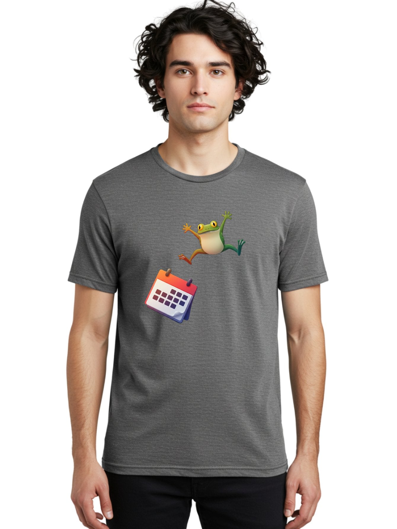 Frog-And-Calendar Men'S Graphic Tee, 100% Cotton, Comfortable Casual Summer Wear, Machine Washable, Cartoon Frog Jumping, Calendar With Blank Dates, Green Frog Character, Funny Amphibian, Calendar Design, Cartoon Style, Digital Illustration, Bab917 21