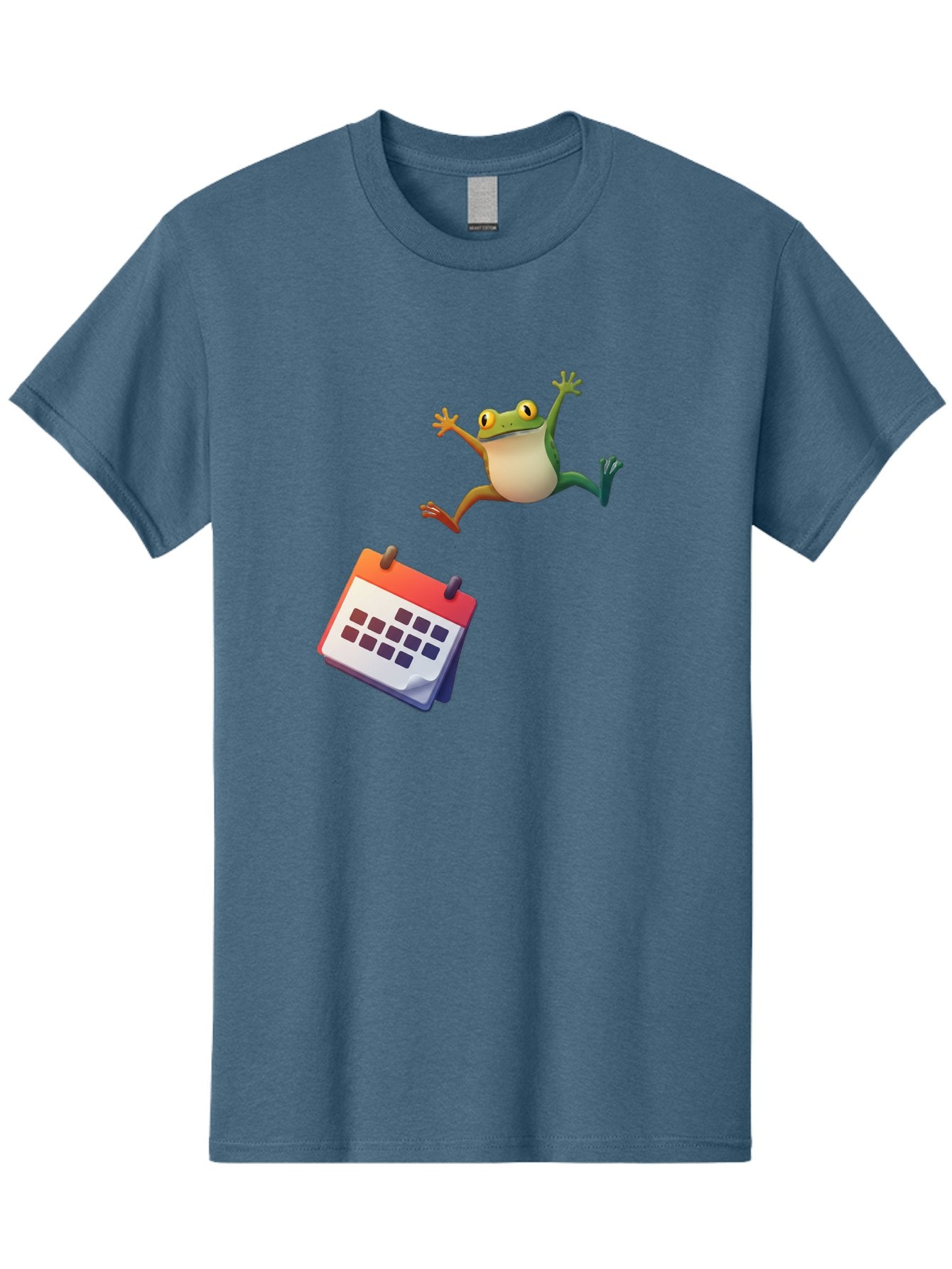 Frog-And-Calendar Men'S Graphic Tee, 100% Cotton, Comfortable Casual Summer Wear, Machine Washable, Cartoon Frog Jumping, Calendar With Blank Dates, Green Frog Character, Funny Amphibian, Calendar Design, Cartoon Style, Digital Illustration, Bab917 7