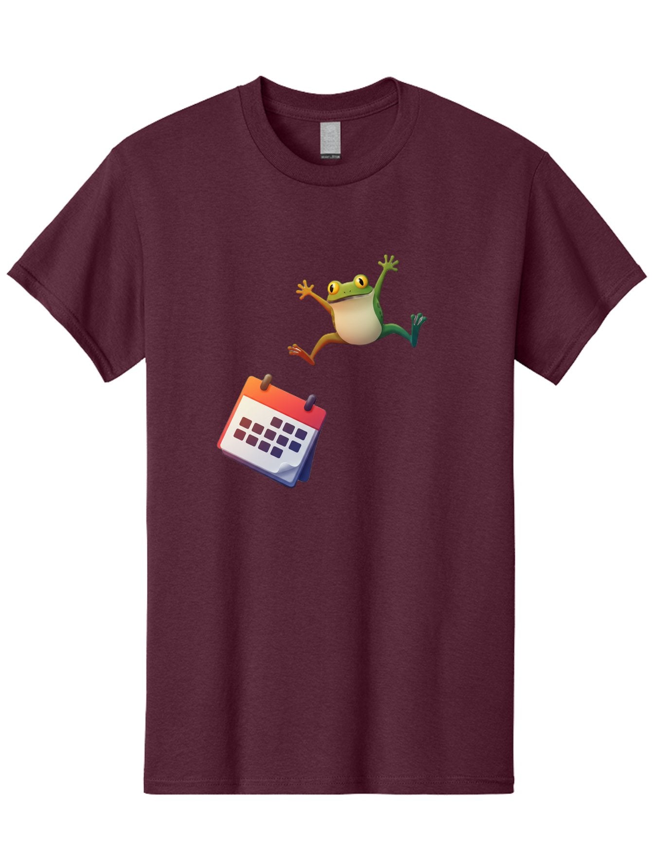 Frog-And-Calendar Men'S Graphic Tee, 100% Cotton, Comfortable Casual Summer Wear, Machine Washable, Cartoon Frog Jumping, Calendar With Blank Dates, Green Frog Character, Funny Amphibian, Calendar Design, Cartoon Style, Digital Illustration, Bab917 8