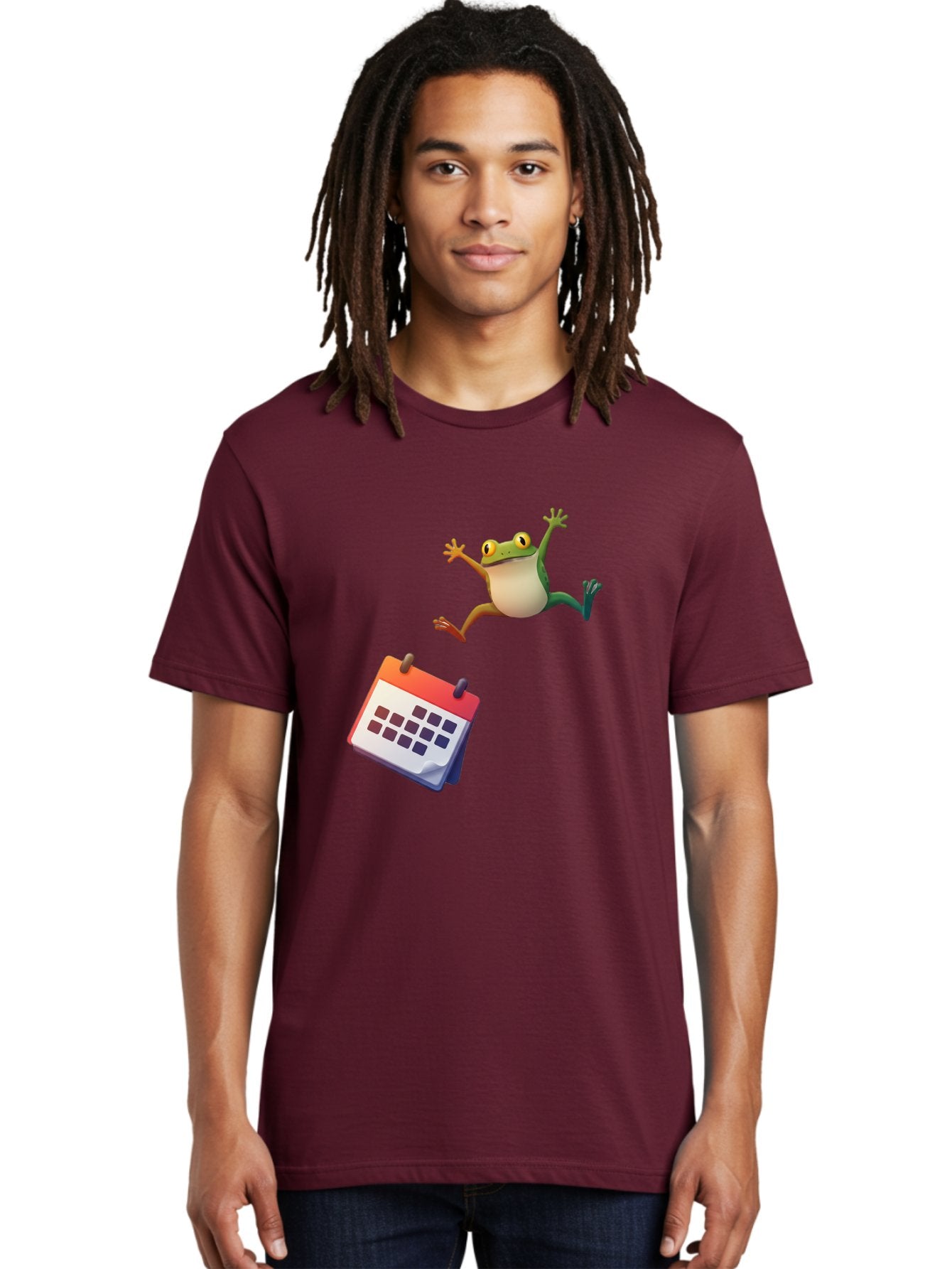 Frog-And-Calendar Men'S Graphic Tee, 100% Cotton, Comfortable Casual Summer Wear, Machine Washable, Cartoon Frog Jumping, Calendar With Blank Dates, Green Frog Character, Funny Amphibian, Calendar Design, Cartoon Style, Digital Illustration, Bab917 25