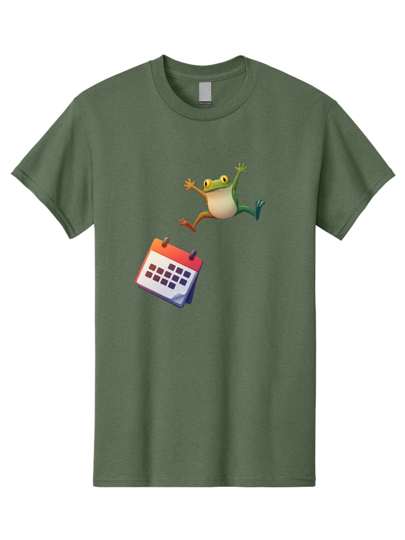 Frog-And-Calendar Men'S Graphic Tee, 100% Cotton, Comfortable Casual Summer Wear, Machine Washable, Cartoon Frog Jumping, Calendar With Blank Dates, Green Frog Character, Funny Amphibian, Calendar Design, Cartoon Style, Digital Illustration, Bab917 10