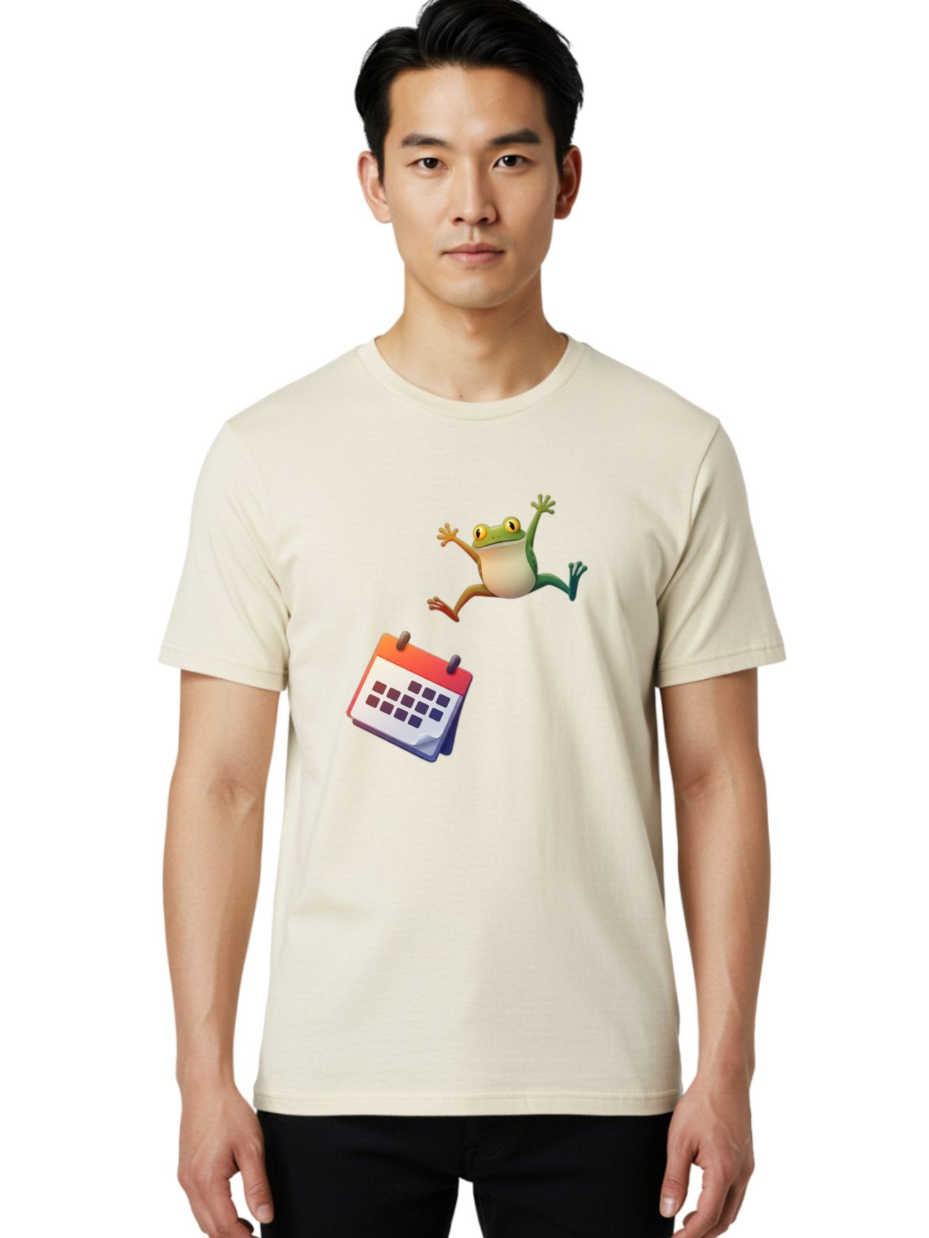 Frog-And-Calendar Men'S Graphic Tee, 100% Cotton, Comfortable Casual Summer Wear, Machine Washable, Cartoon Frog Jumping, Calendar With Blank Dates, Green Frog Character, Funny Amphibian, Calendar Design, Cartoon Style, Digital Illustration, Bab917 23