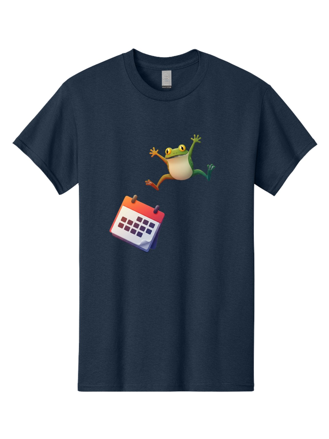 Frog-And-Calendar Men'S Graphic Tee, 100% Cotton, Comfortable Casual Summer Wear, Machine Washable, Cartoon Frog Jumping, Calendar With Blank Dates, Green Frog Character, Funny Amphibian, Calendar Design, Cartoon Style, Digital Illustration, Bab917 3