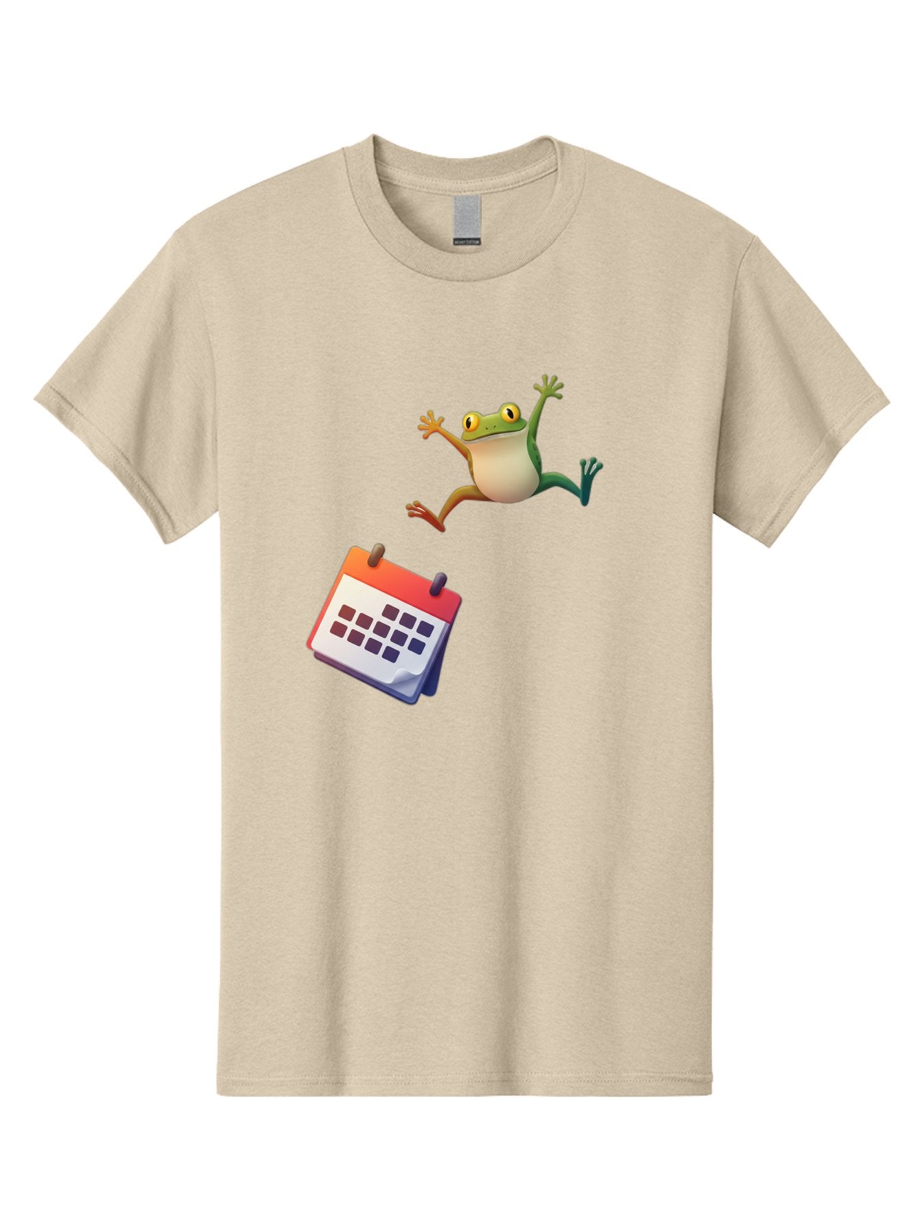 Frog-And-Calendar Men'S Graphic Tee, 100% Cotton, Comfortable Casual Summer Wear, Machine Washable, Cartoon Frog Jumping, Calendar With Blank Dates, Green Frog Character, Funny Amphibian, Calendar Design, Cartoon Style, Digital Illustration, Bab917