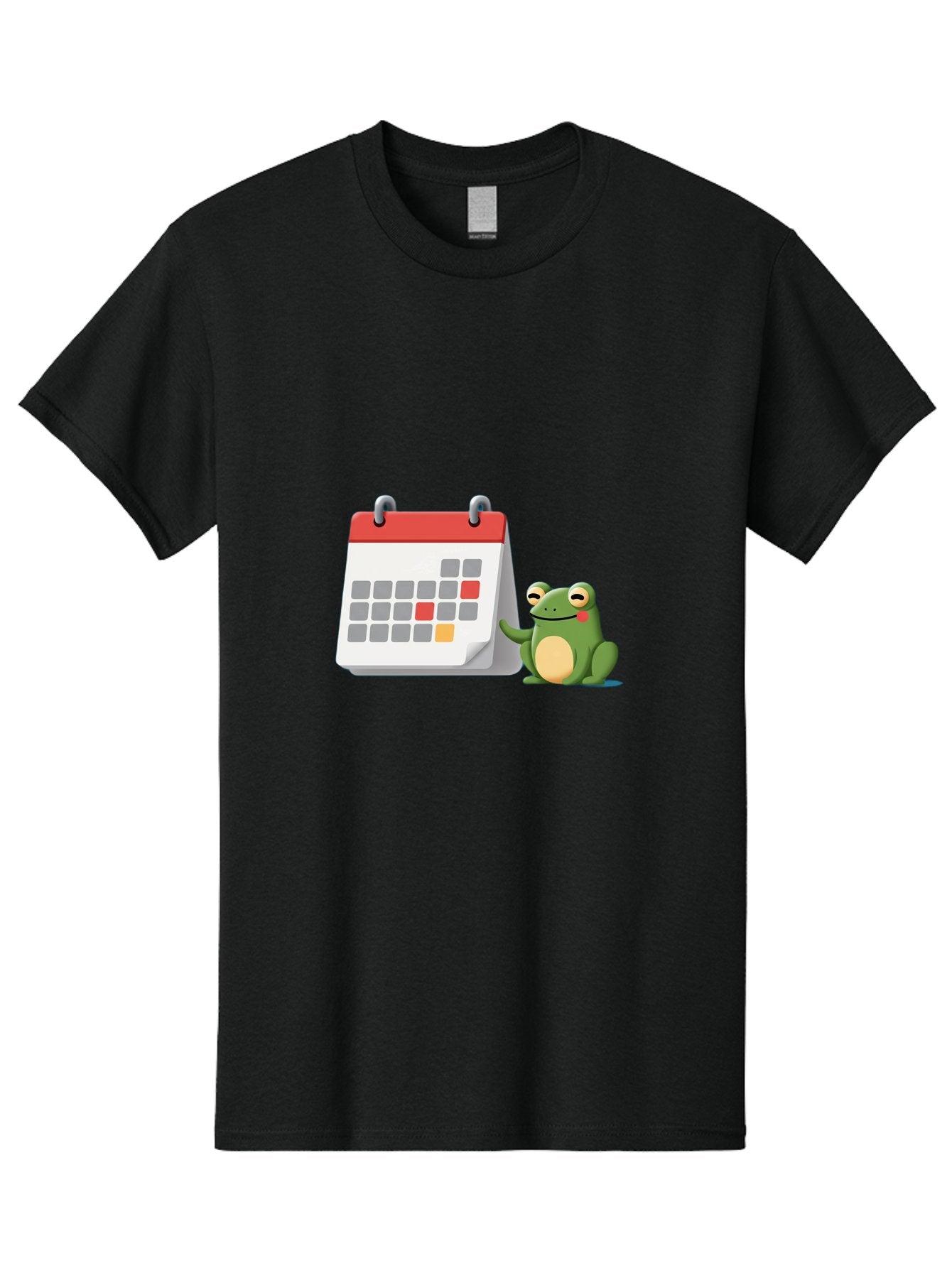 Frog-Calendar-1 Men'S Graphic Tee, 100% Cotton, Comfortable Casual Summer Wear, Machine Washable, Calendar With Frog, Scheduling, Planning, Organization, Time Management, Cartoon Character, Green Frog, Red Top Calendar, Gray Red Orange Dates, Bab918 4