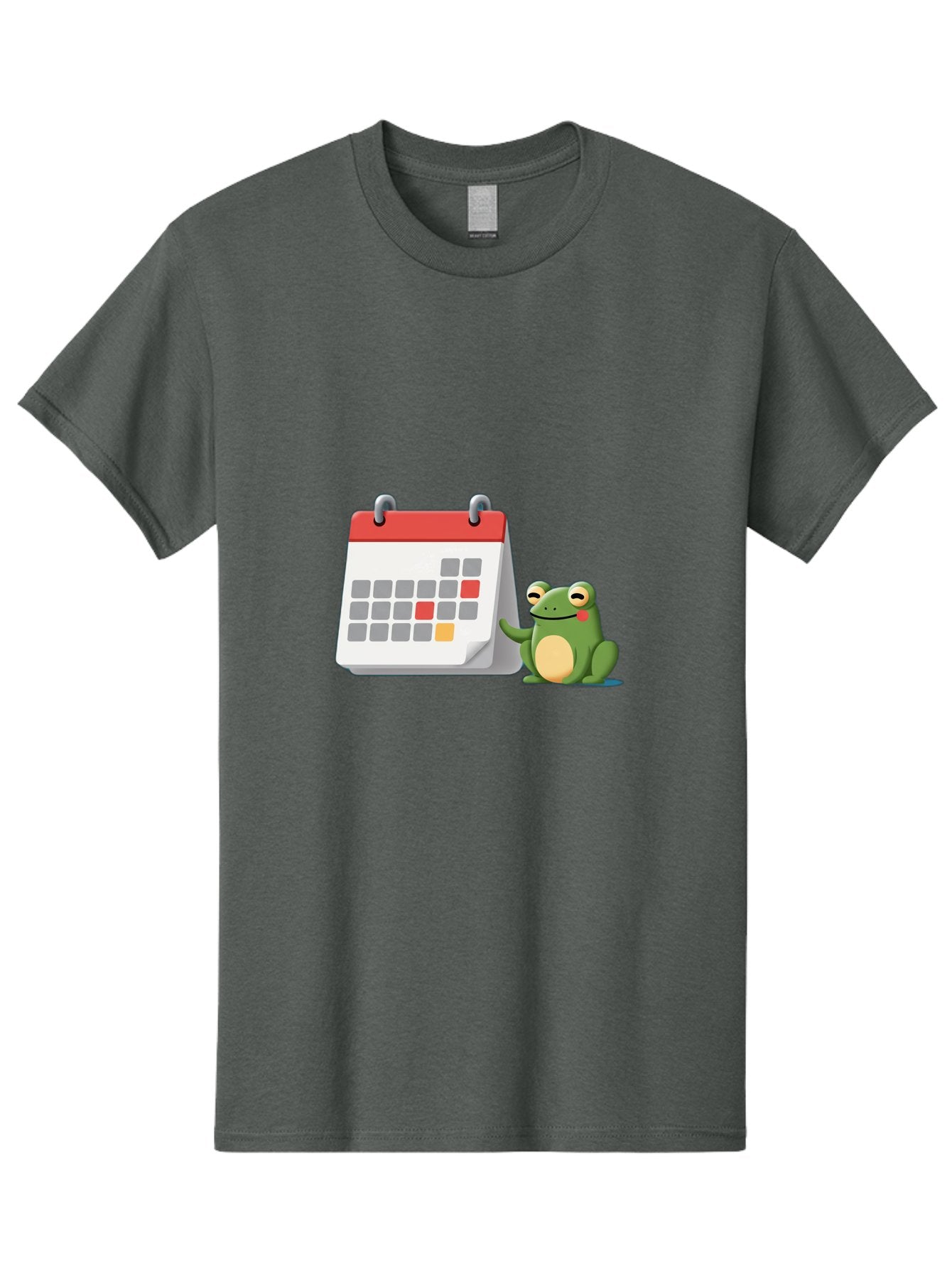Frog-Calendar-1 Men'S Graphic Tee, 100% Cotton, Comfortable Casual Summer Wear, Machine Washable, Calendar With Frog, Scheduling, Planning, Organization, Time Management, Cartoon Character, Green Frog, Red Top Calendar, Gray Red Orange Dates, Bab918 6