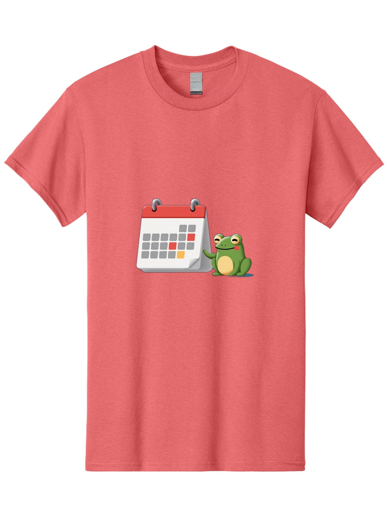 Frog-Calendar-1 Men'S Graphic Tee, 100% Cotton, Comfortable Casual Summer Wear, Machine Washable, Calendar With Frog, Scheduling, Planning, Organization, Time Management, Cartoon Character, Green Frog, Red Top Calendar, Gray Red Orange Dates, Bab918 12