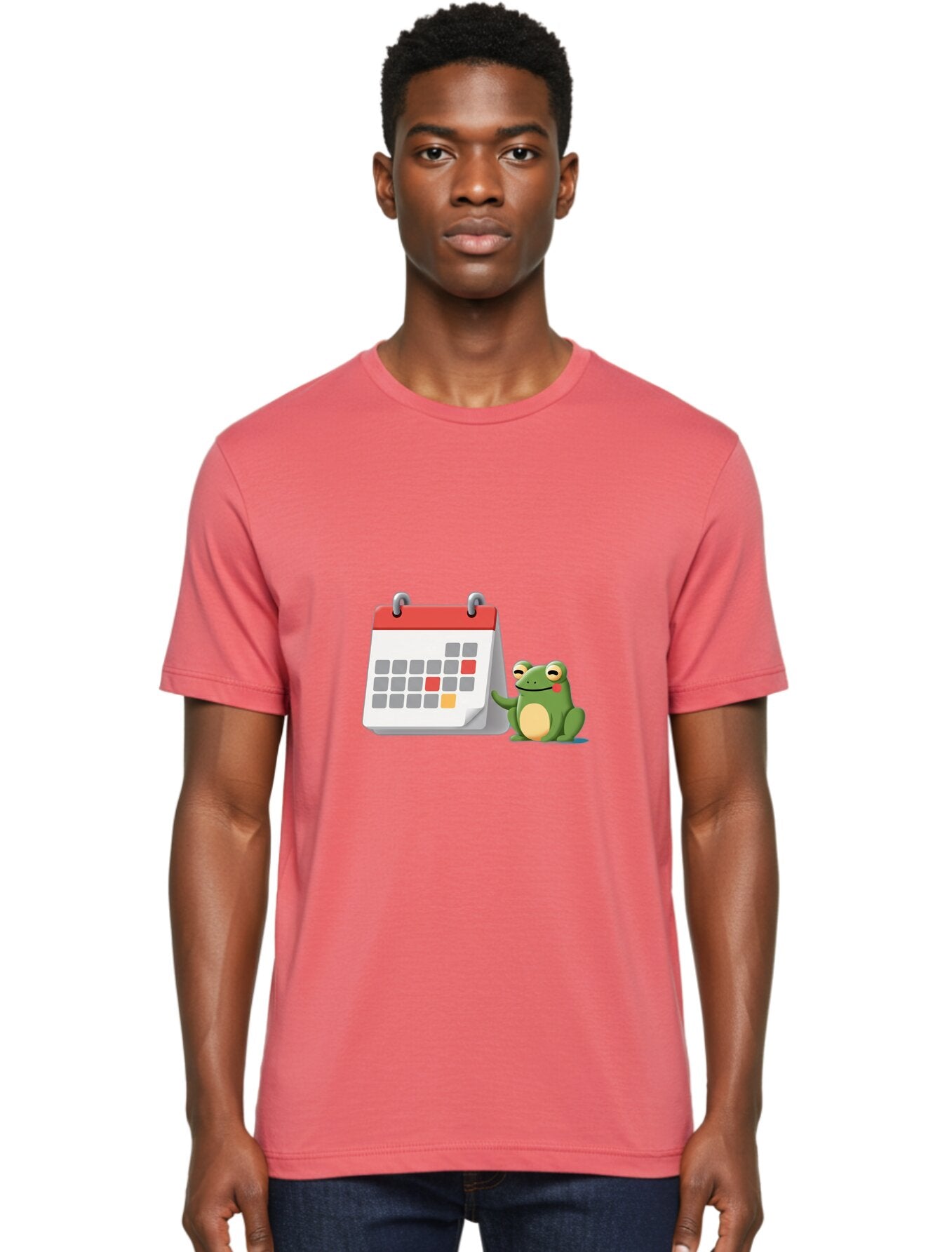Frog-Calendar-1 Men'S Graphic Tee, 100% Cotton, Comfortable Casual Summer Wear, Machine Washable, Calendar With Frog, Scheduling, Planning, Organization, Time Management, Cartoon Character, Green Frog, Red Top Calendar, Gray Red Orange Dates, Bab918 28