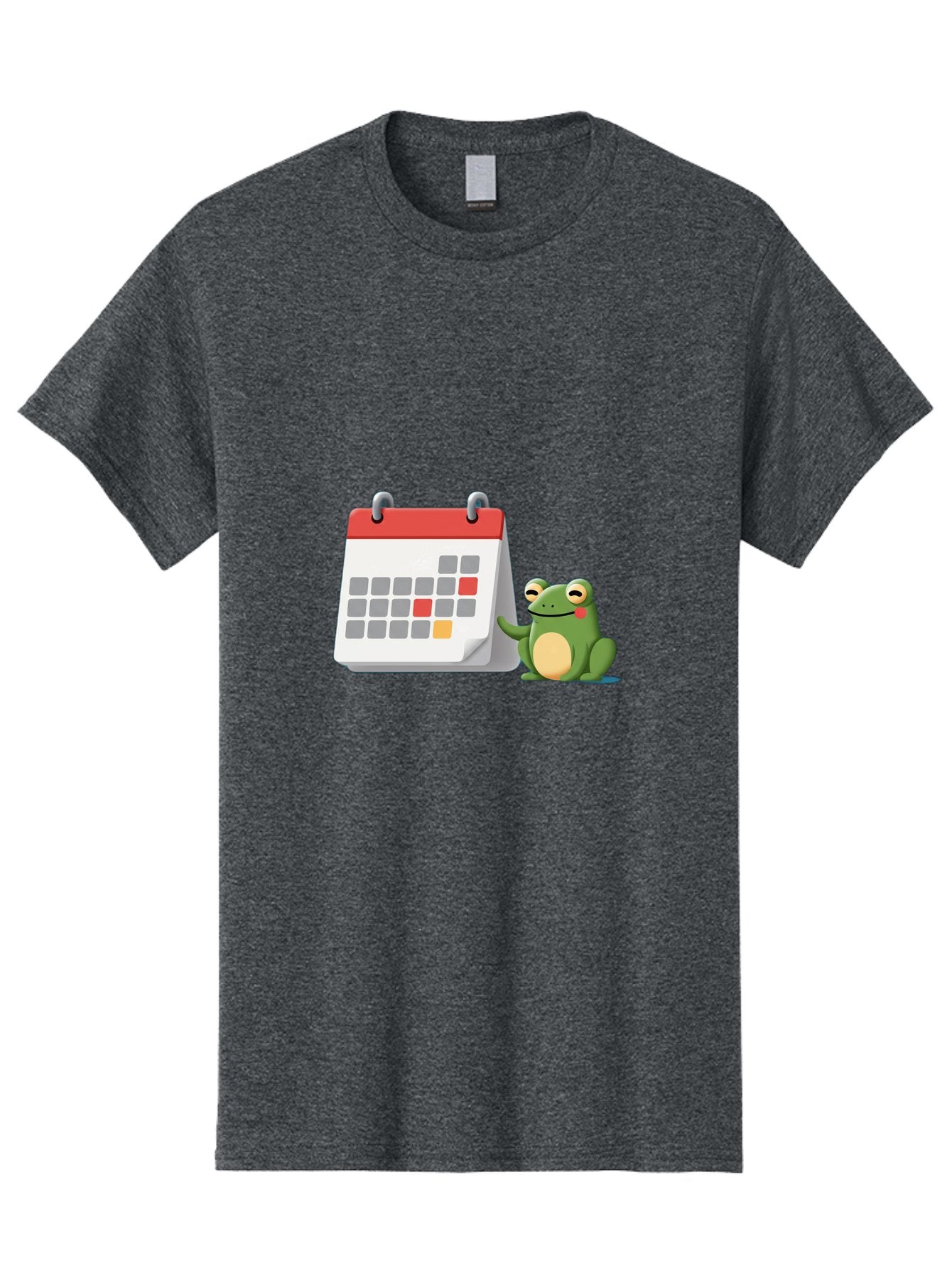 Frog-Calendar-1 Men'S Graphic Tee, 100% Cotton, Comfortable Casual Summer Wear, Machine Washable, Calendar With Frog, Scheduling, Planning, Organization, Time Management, Cartoon Character, Green Frog, Red Top Calendar, Gray Red Orange Dates, Bab918 15
