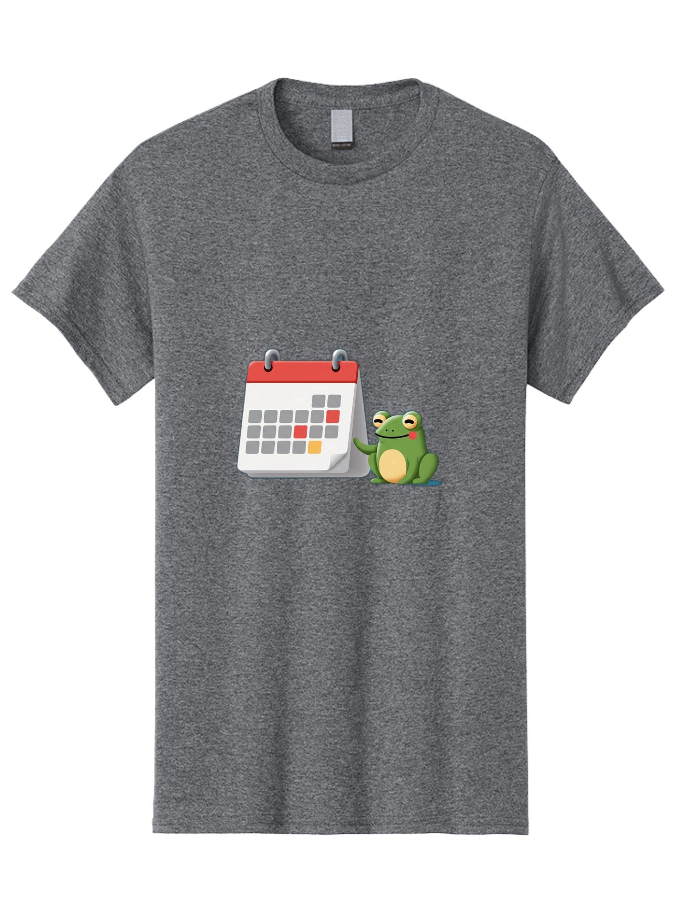 Frog-Calendar-1 Men'S Graphic Tee, 100% Cotton, Comfortable Casual Summer Wear, Machine Washable, Calendar With Frog, Scheduling, Planning, Organization, Time Management, Cartoon Character, Green Frog, Red Top Calendar, Gray Red Orange Dates, Bab918 11