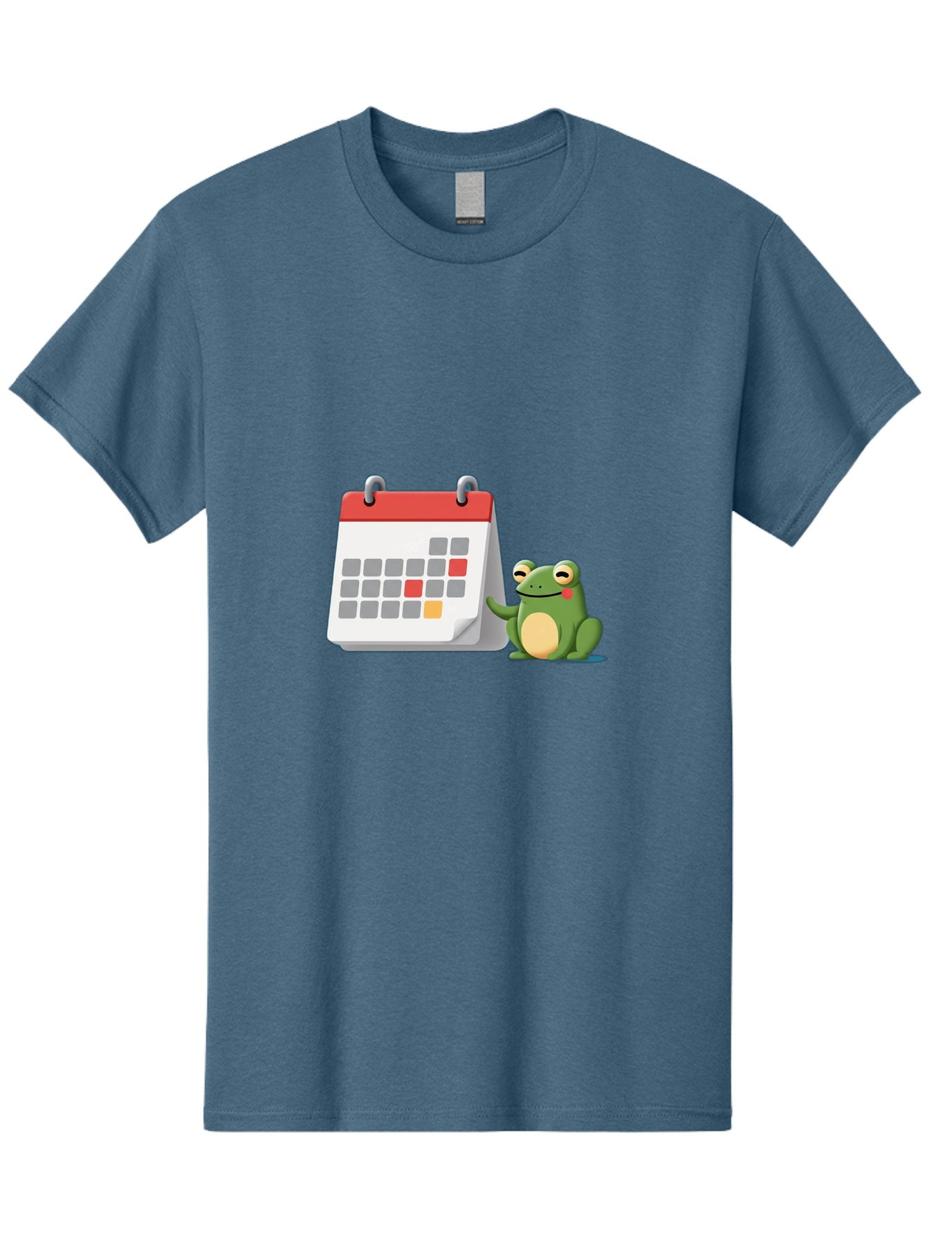 Frog-Calendar-1 Men'S Graphic Tee, 100% Cotton, Comfortable Casual Summer Wear, Machine Washable, Calendar With Frog, Scheduling, Planning, Organization, Time Management, Cartoon Character, Green Frog, Red Top Calendar, Gray Red Orange Dates, Bab918 10