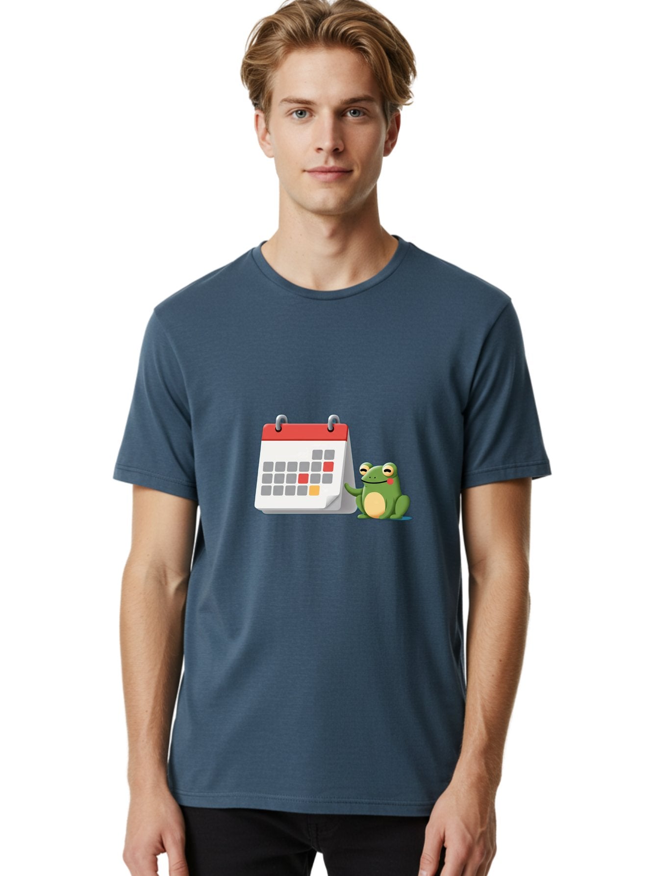 Frog-Calendar-1 Men'S Graphic Tee, 100% Cotton, Comfortable Casual Summer Wear, Machine Washable, Calendar With Frog, Scheduling, Planning, Organization, Time Management, Cartoon Character, Green Frog, Red Top Calendar, Gray Red Orange Dates, Bab918 17
