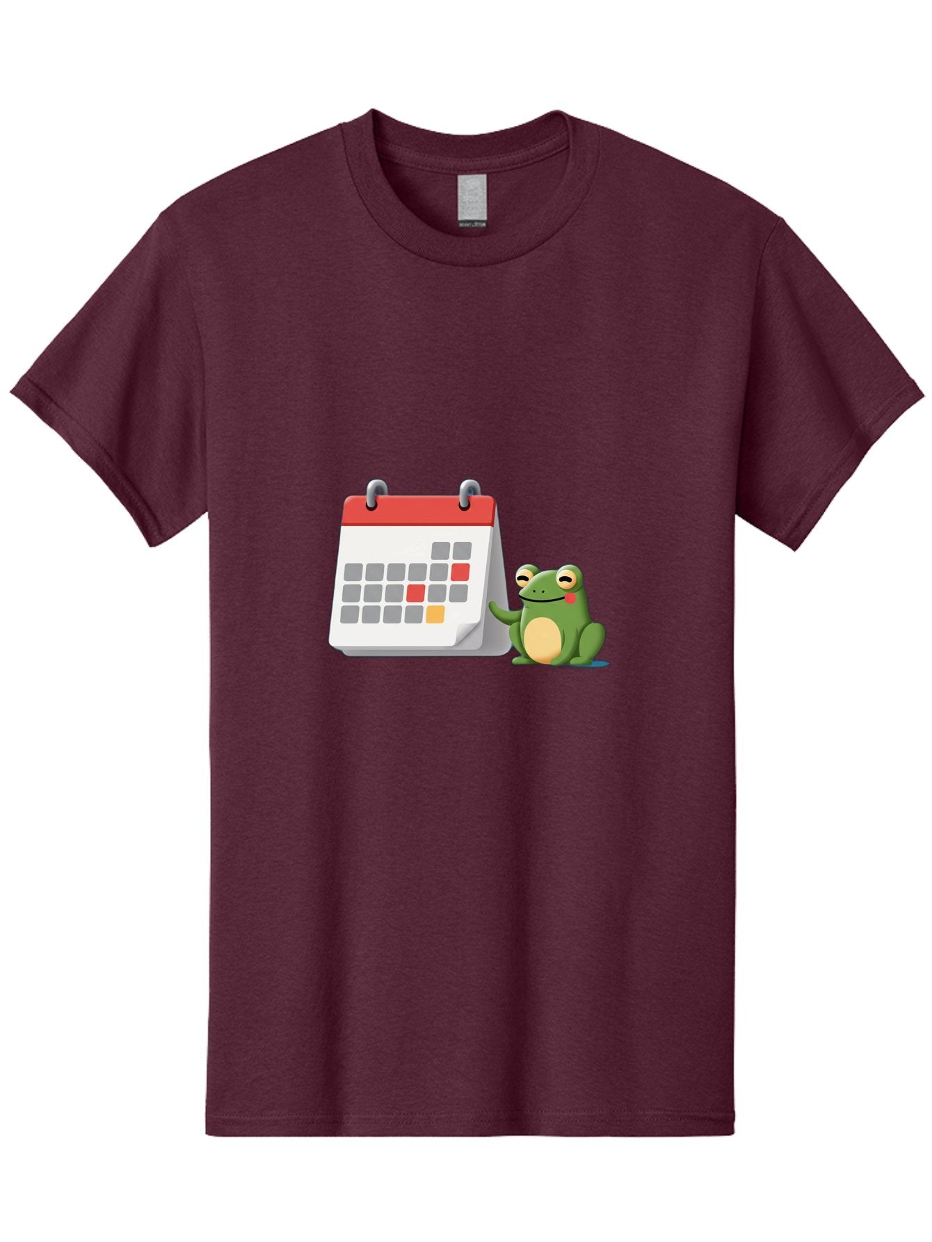 Frog-Calendar-1 Men'S Graphic Tee, 100% Cotton, Comfortable Casual Summer Wear, Machine Washable, Calendar With Frog, Scheduling, Planning, Organization, Time Management, Cartoon Character, Green Frog, Red Top Calendar, Gray Red Orange Dates, Bab918 5