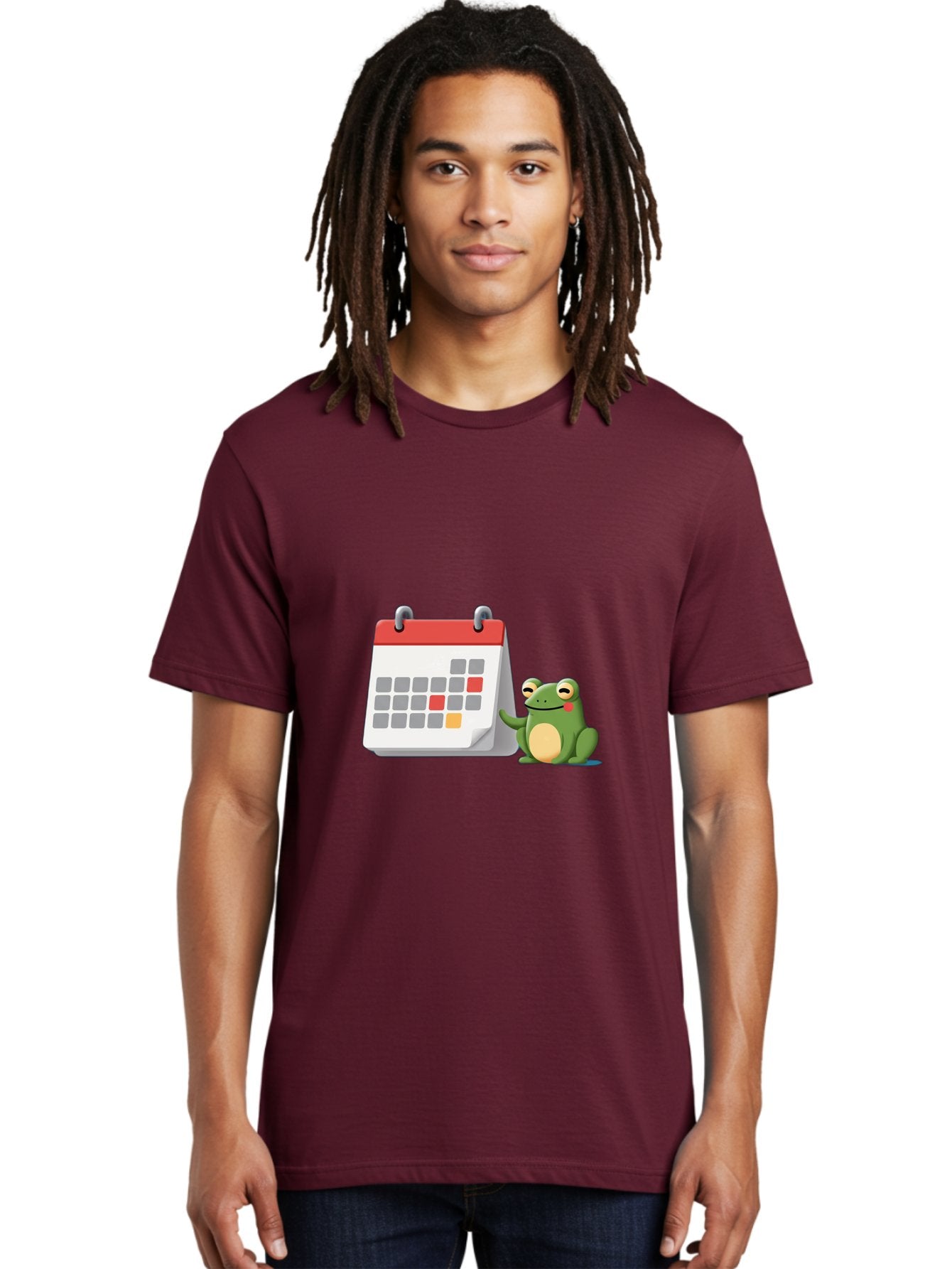 Frog-Calendar-1 Men'S Graphic Tee, 100% Cotton, Comfortable Casual Summer Wear, Machine Washable, Calendar With Frog, Scheduling, Planning, Organization, Time Management, Cartoon Character, Green Frog, Red Top Calendar, Gray Red Orange Dates, Bab918 23
