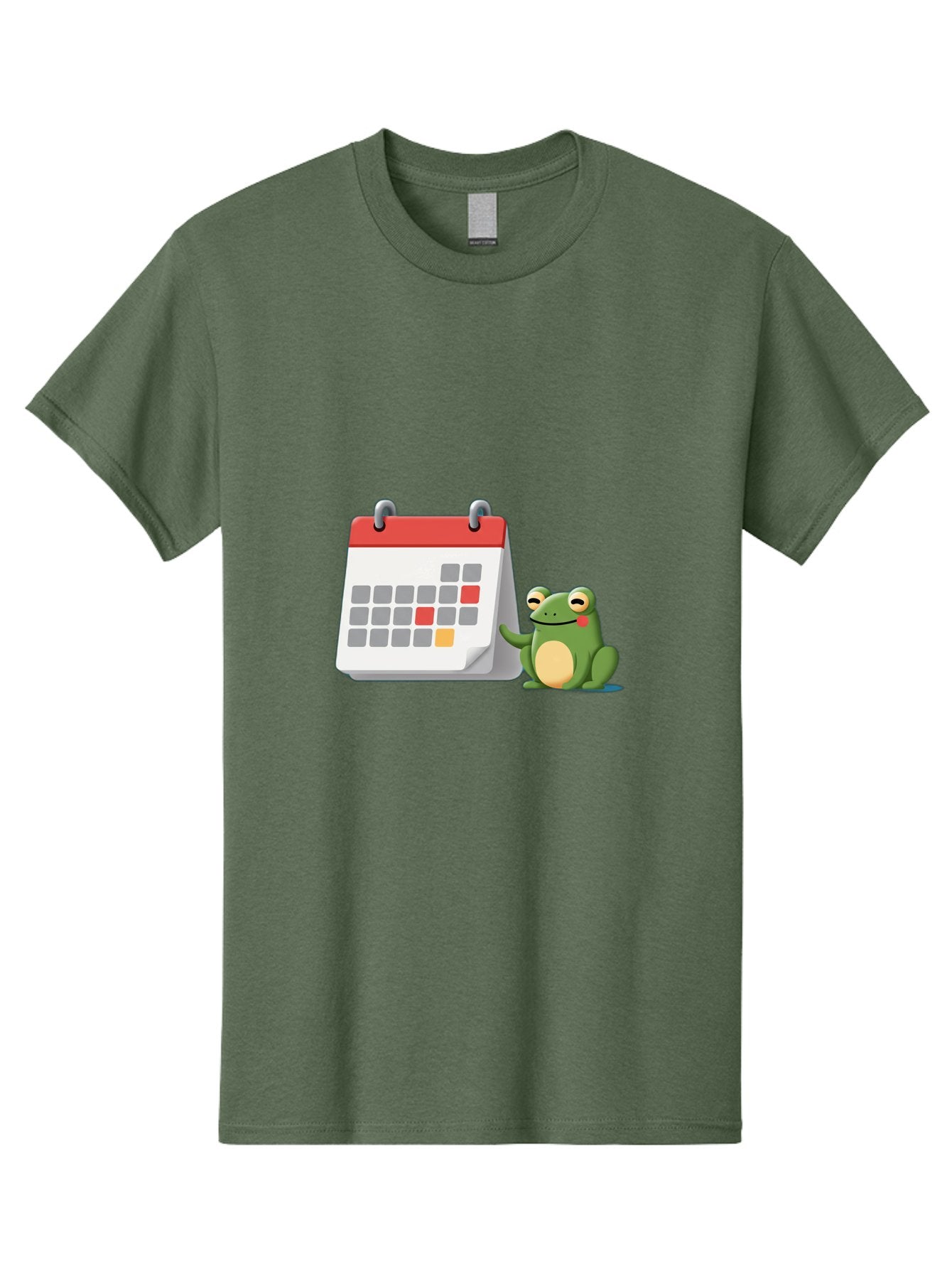 Frog-Calendar-1 Men'S Graphic Tee, 100% Cotton, Comfortable Casual Summer Wear, Machine Washable, Calendar With Frog, Scheduling, Planning, Organization, Time Management, Cartoon Character, Green Frog, Red Top Calendar, Gray Red Orange Dates, Bab918 7