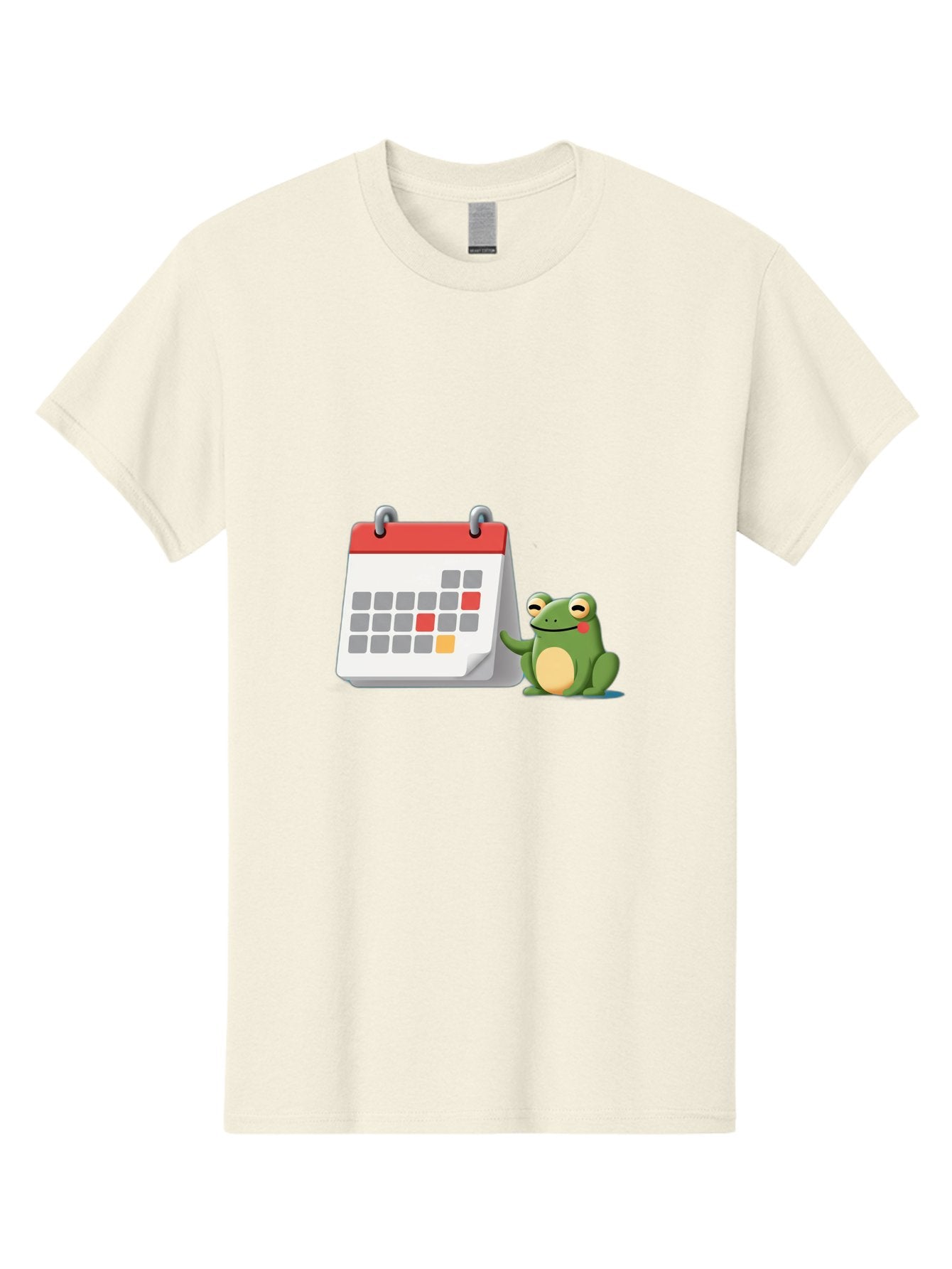 Frog-Calendar-1 Men'S Graphic Tee, 100% Cotton, Comfortable Casual Summer Wear, Machine Washable, Calendar With Frog, Scheduling, Planning, Organization, Time Management, Cartoon Character, Green Frog, Red Top Calendar, Gray Red Orange Dates, Bab918 13