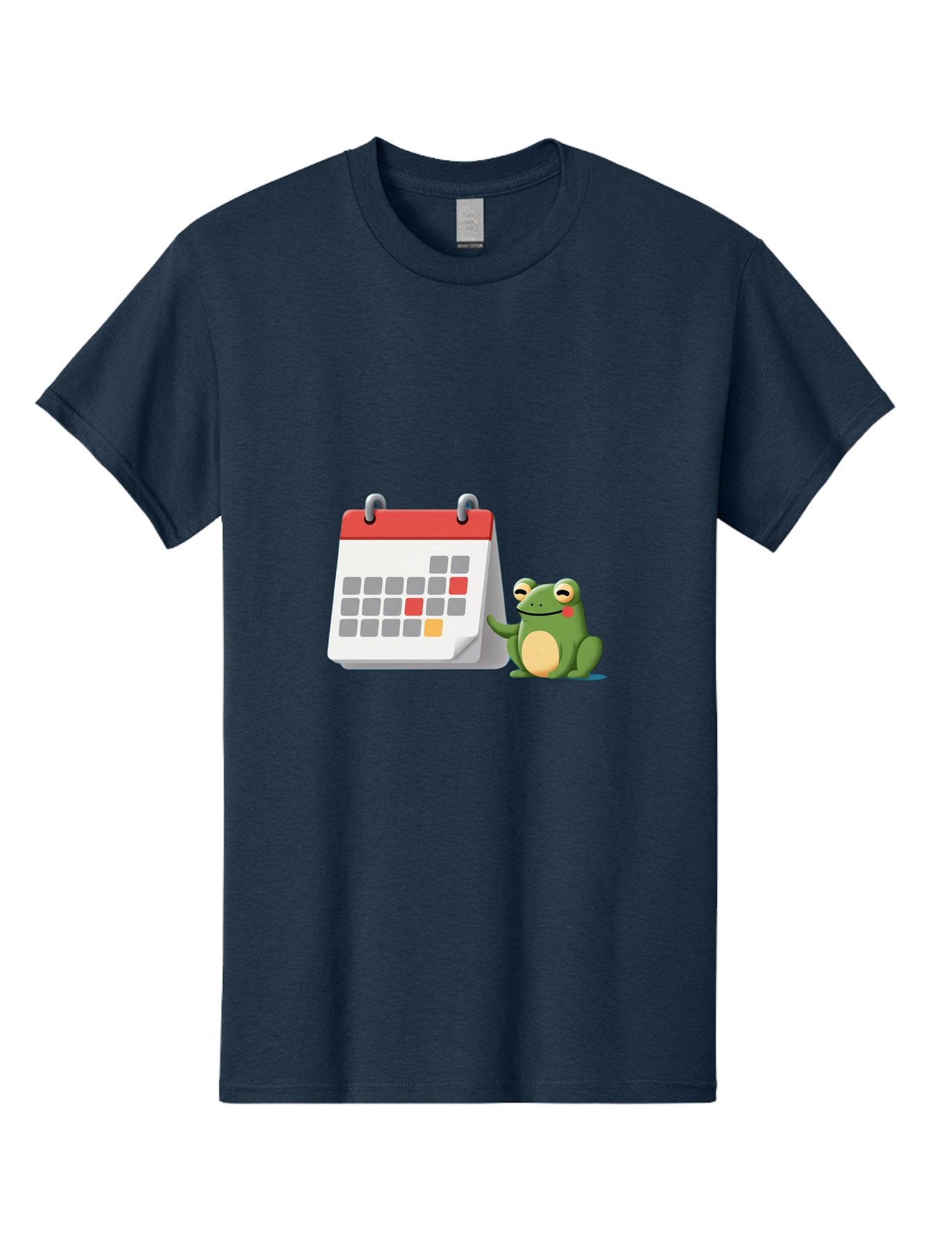 Frog-Calendar-1 Men'S Graphic Tee, 100% Cotton, Comfortable Casual Summer Wear, Machine Washable, Calendar With Frog, Scheduling, Planning, Organization, Time Management, Cartoon Character, Green Frog, Red Top Calendar, Gray Red Orange Dates, Bab918