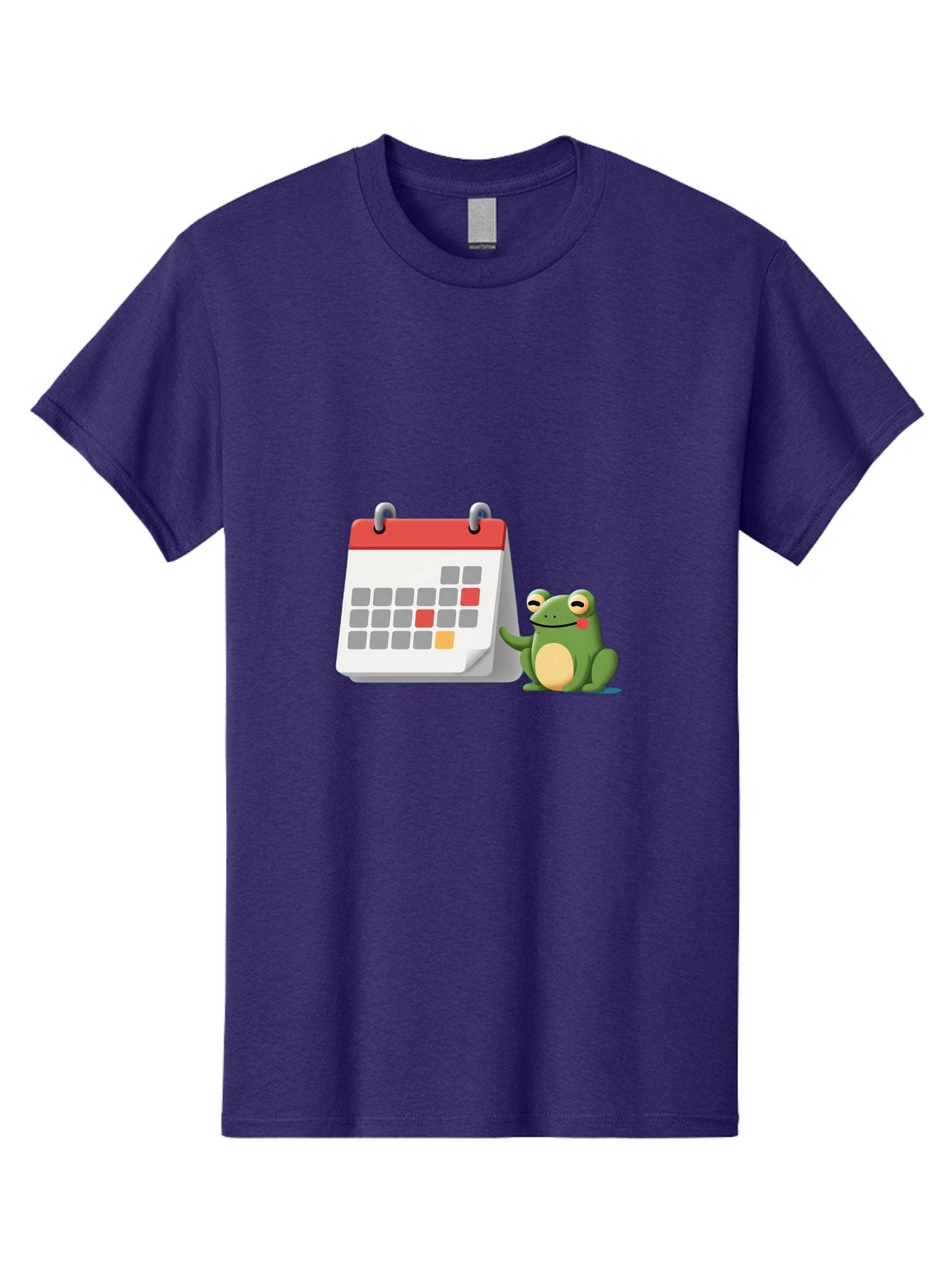 Frog-Calendar-1 Men'S Graphic Tee, 100% Cotton, Comfortable Casual Summer Wear, Machine Washable, Calendar With Frog, Scheduling, Planning, Organization, Time Management, Cartoon Character, Green Frog, Red Top Calendar, Gray Red Orange Dates, Bab918 8