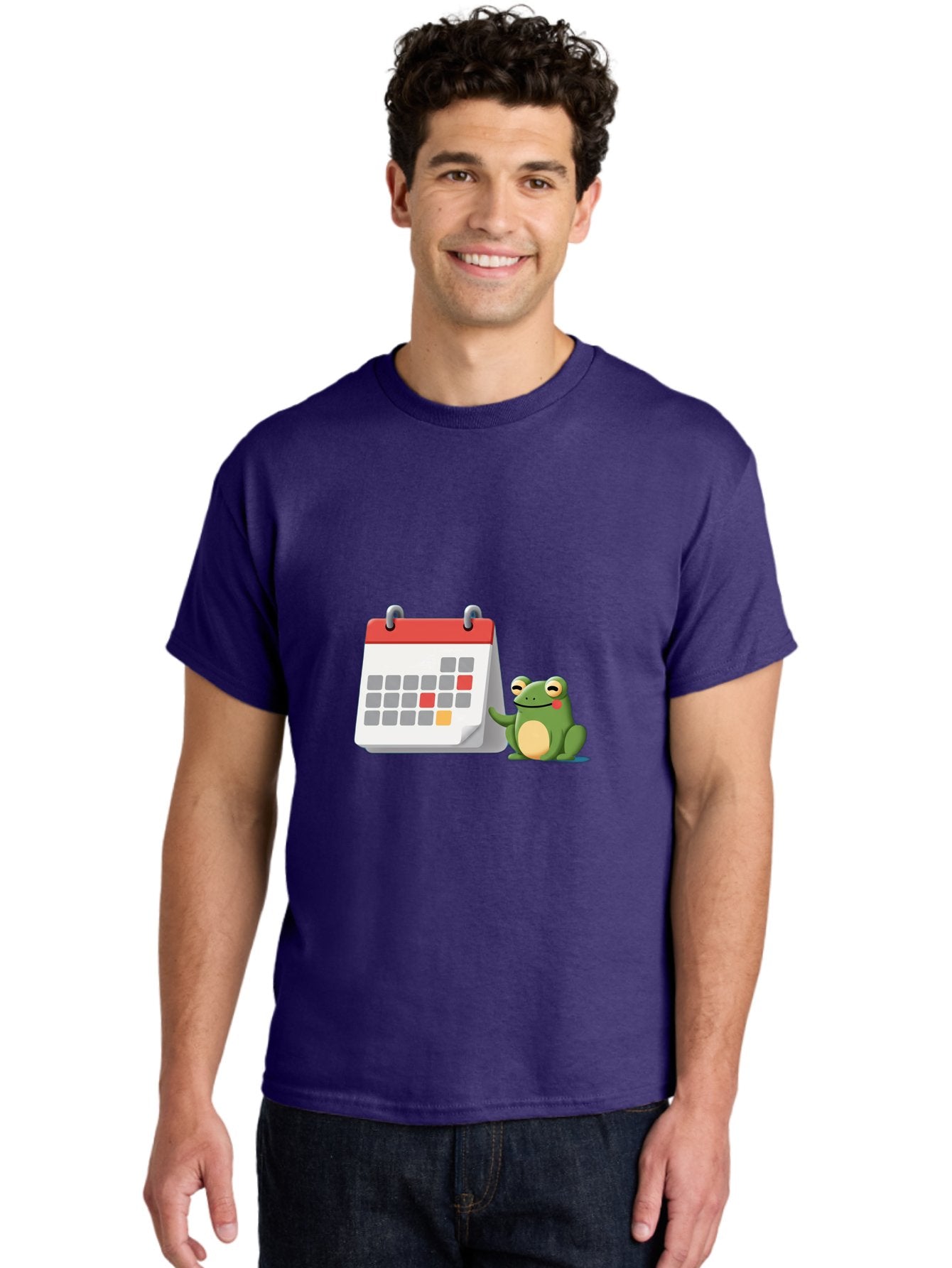 Frog-Calendar-1 Men'S Graphic Tee, 100% Cotton, Comfortable Casual Summer Wear, Machine Washable, Calendar With Frog, Scheduling, Planning, Organization, Time Management, Cartoon Character, Green Frog, Red Top Calendar, Gray Red Orange Dates, Bab918 25