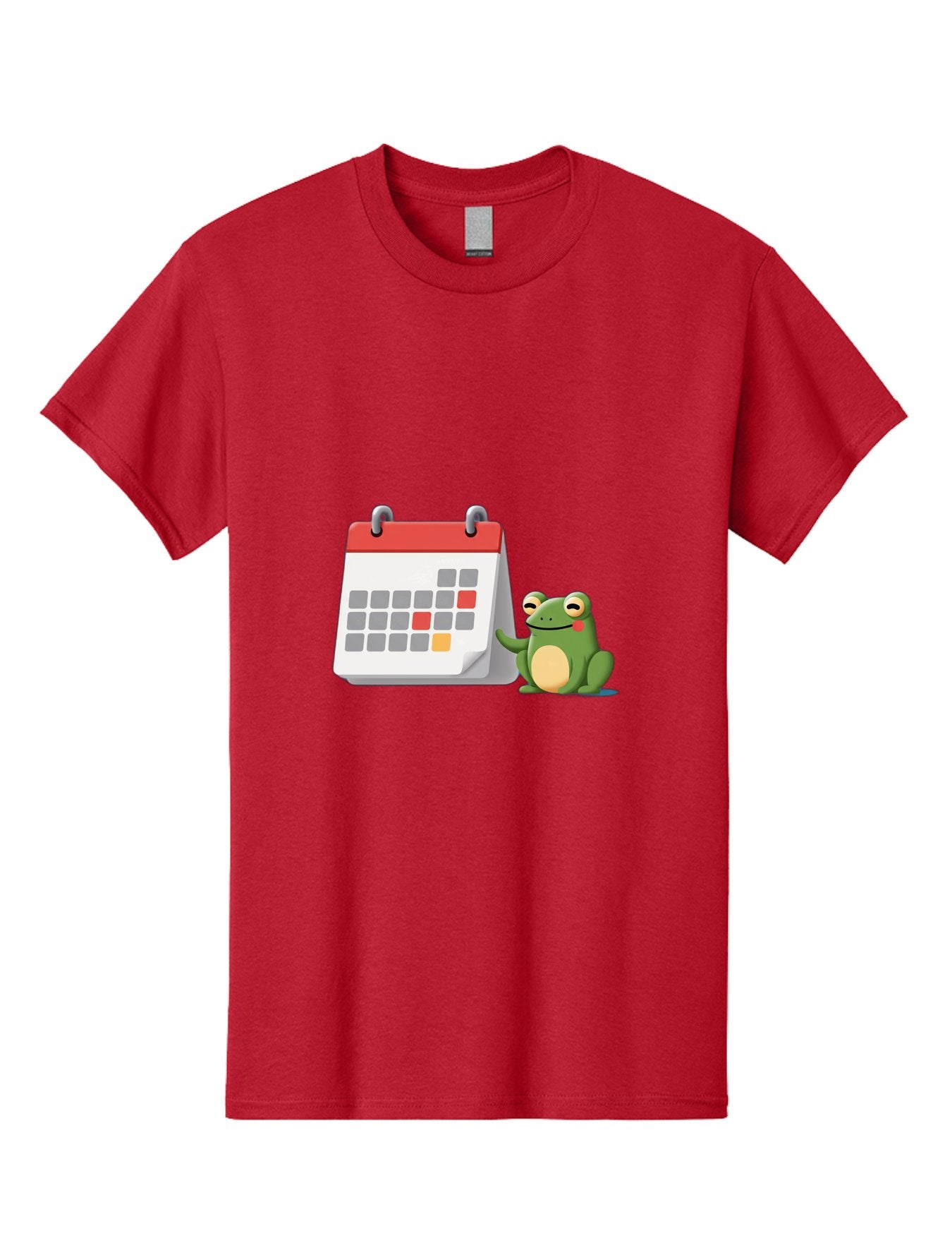 Frog-Calendar-1 Men'S Graphic Tee, 100% Cotton, Comfortable Casual Summer Wear, Machine Washable, Calendar With Frog, Scheduling, Planning, Organization, Time Management, Cartoon Character, Green Frog, Red Top Calendar, Gray Red Orange Dates, Bab918 3