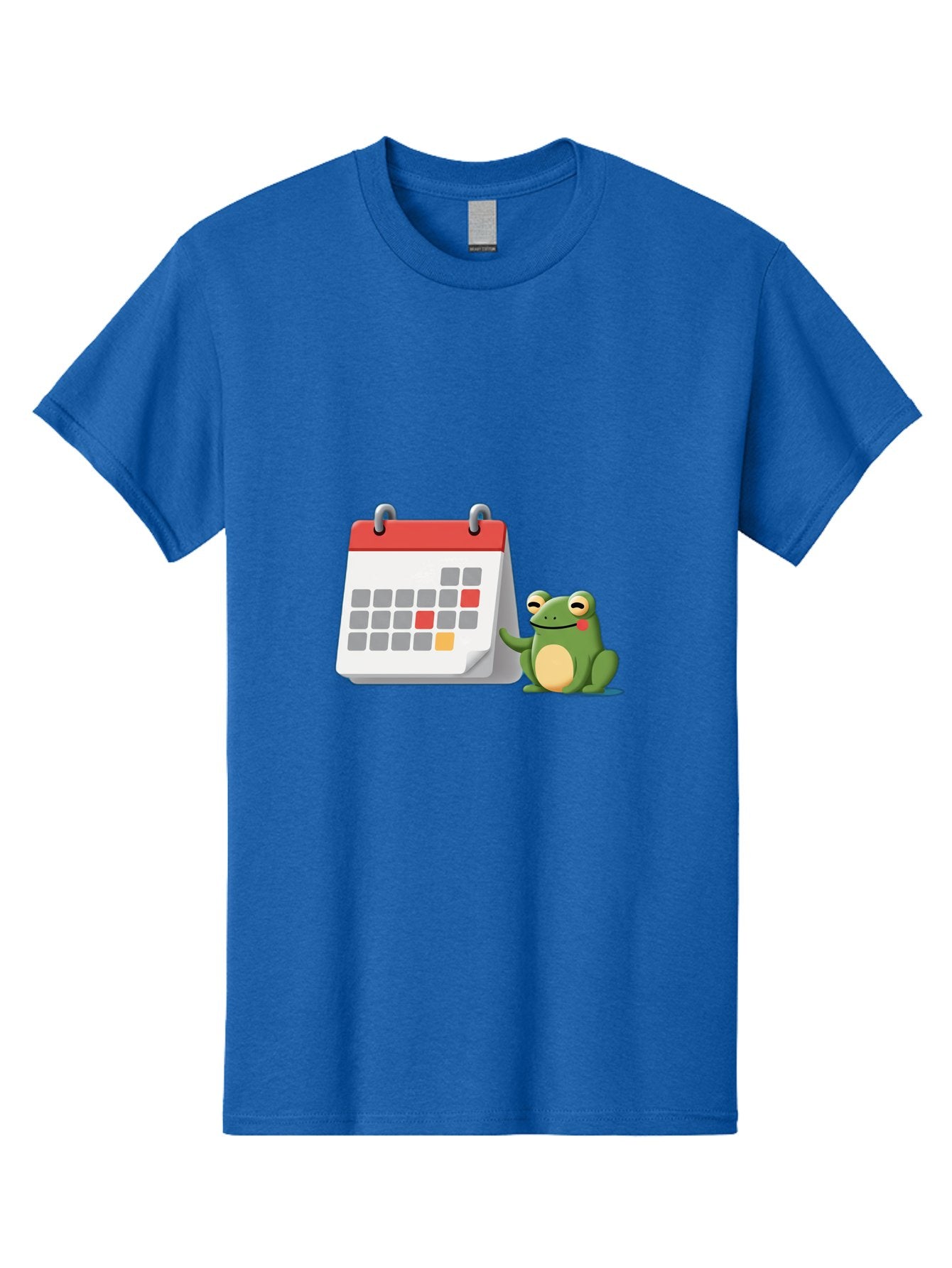 Frog-Calendar-1 Men'S Graphic Tee, 100% Cotton, Comfortable Casual Summer Wear, Machine Washable, Calendar With Frog, Scheduling, Planning, Organization, Time Management, Cartoon Character, Green Frog, Red Top Calendar, Gray Red Orange Dates, Bab918 14