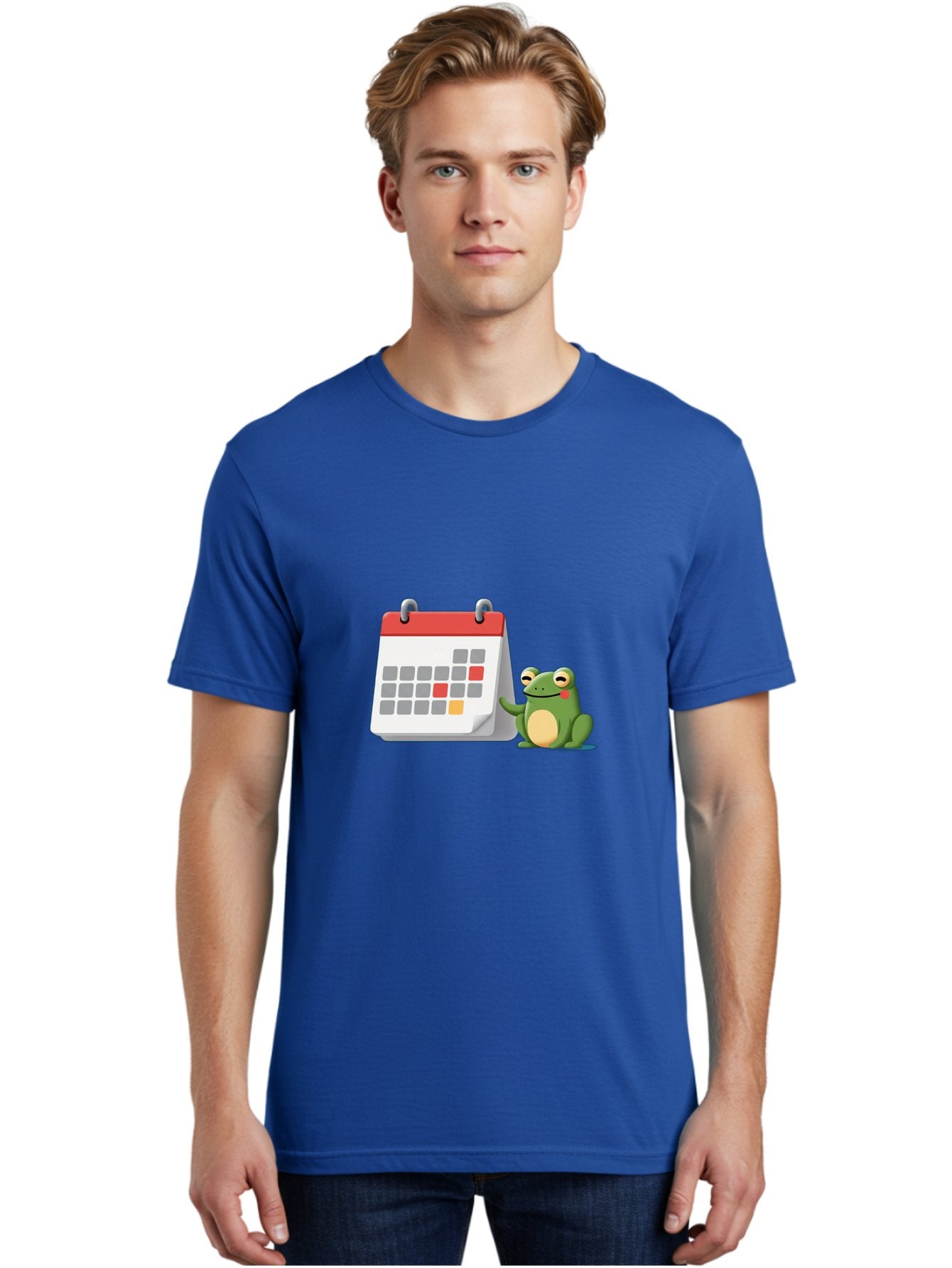 Frog-Calendar-1 Men'S Graphic Tee, 100% Cotton, Comfortable Casual Summer Wear, Machine Washable, Calendar With Frog, Scheduling, Planning, Organization, Time Management, Cartoon Character, Green Frog, Red Top Calendar, Gray Red Orange Dates, Bab918 29