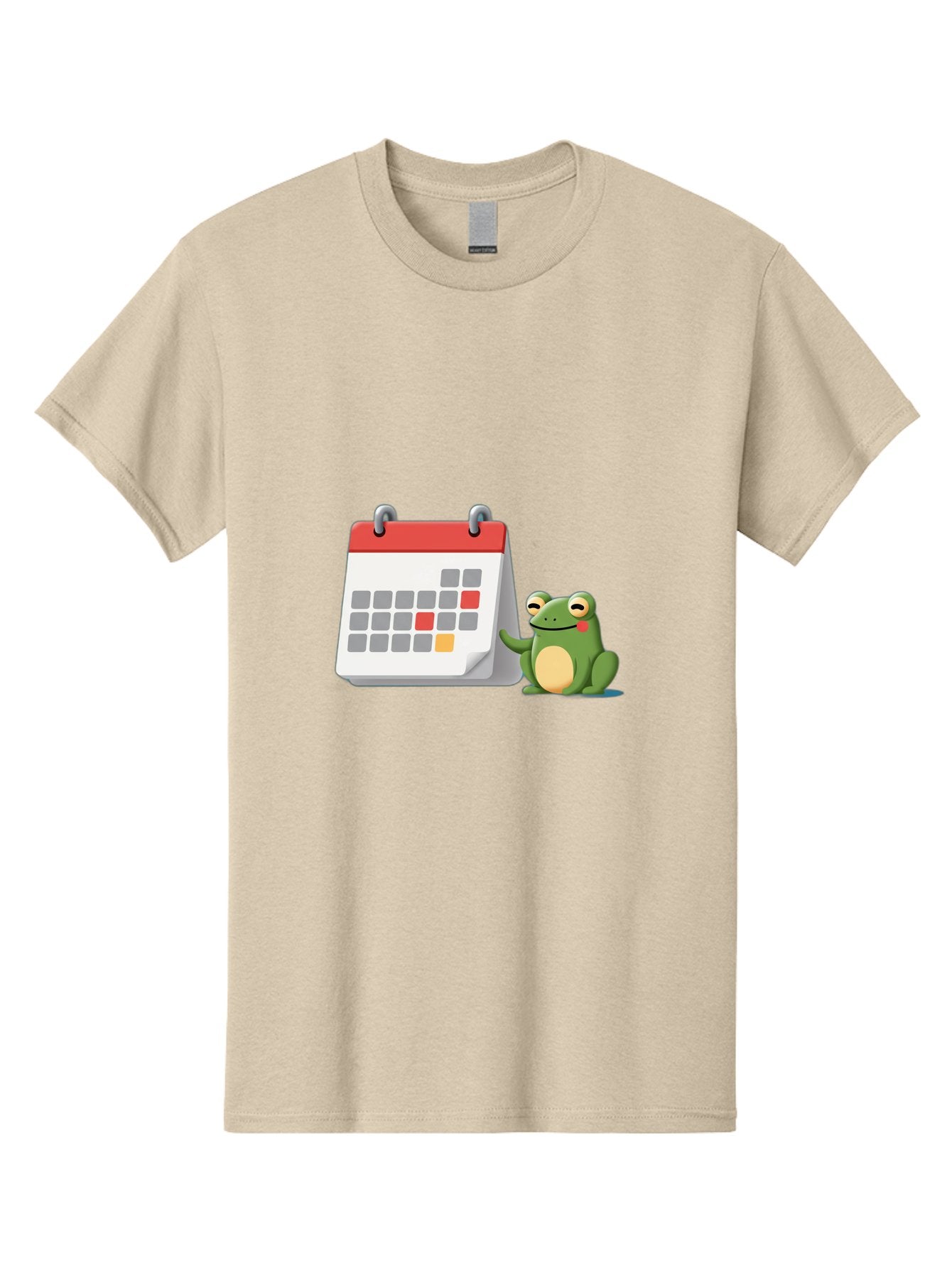 Frog-Calendar-1 Men'S Graphic Tee, 100% Cotton, Comfortable Casual Summer Wear, Machine Washable, Calendar With Frog, Scheduling, Planning, Organization, Time Management, Cartoon Character, Green Frog, Red Top Calendar, Gray Red Orange Dates, Bab918 9