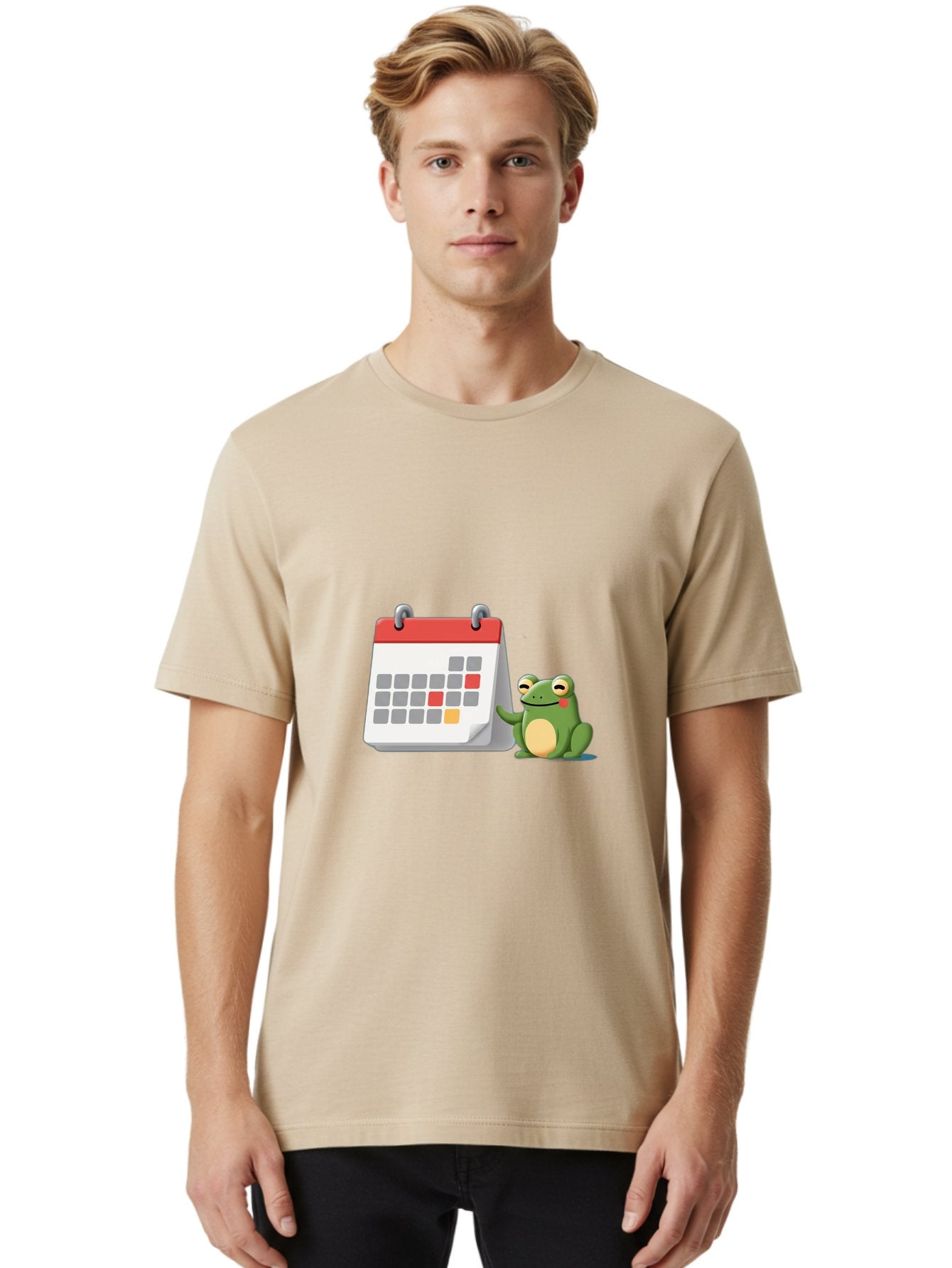 Frog-Calendar-1 Men'S Graphic Tee, 100% Cotton, Comfortable Casual Summer Wear, Machine Washable, Calendar With Frog, Scheduling, Planning, Organization, Time Management, Cartoon Character, Green Frog, Red Top Calendar, Gray Red Orange Dates, Bab918 26