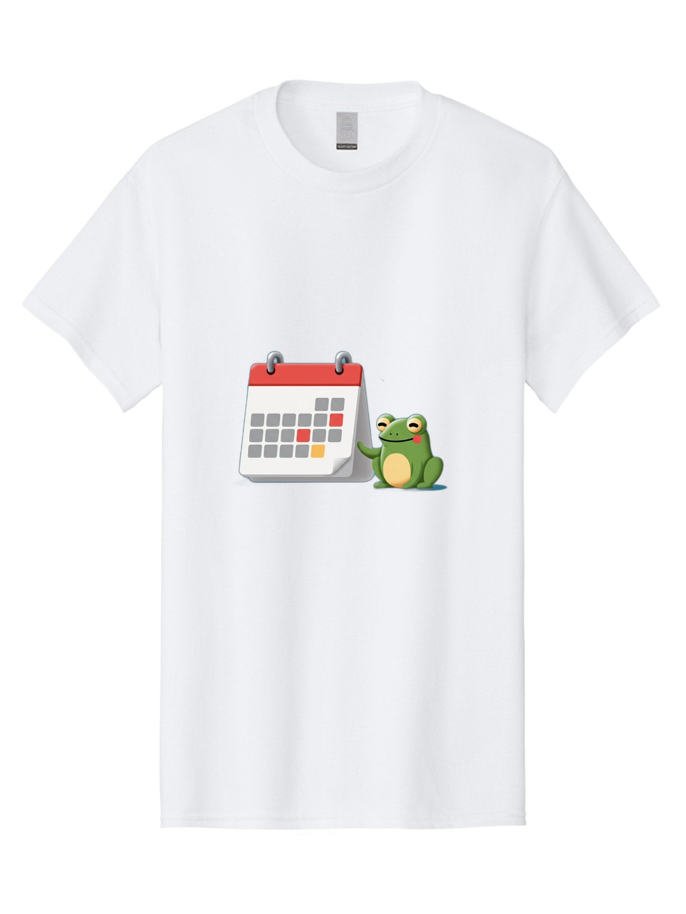 Frog-Calendar-1 Men'S Graphic Tee, 100% Cotton, Comfortable Casual Summer Wear, Machine Washable, Calendar With Frog, Scheduling, Planning, Organization, Time Management, Cartoon Character, Green Frog, Red Top Calendar, Gray Red Orange Dates, Bab918