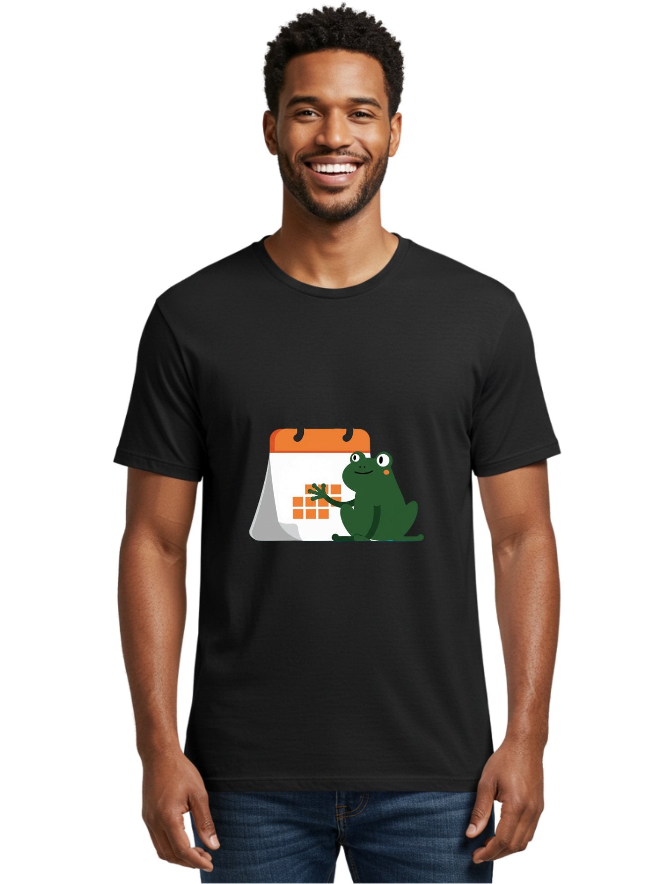 Frog-Calendar Men'S Graphic Tee, 100% Cotton, Comfortable Casual Summer Wear, Machine Washable, Green Cartoon Frog, Calendar Icon, Orange Grid, Scheduling, Planning, Organization, Task Management, Digital Calendar, To-Do List, Bab919 22