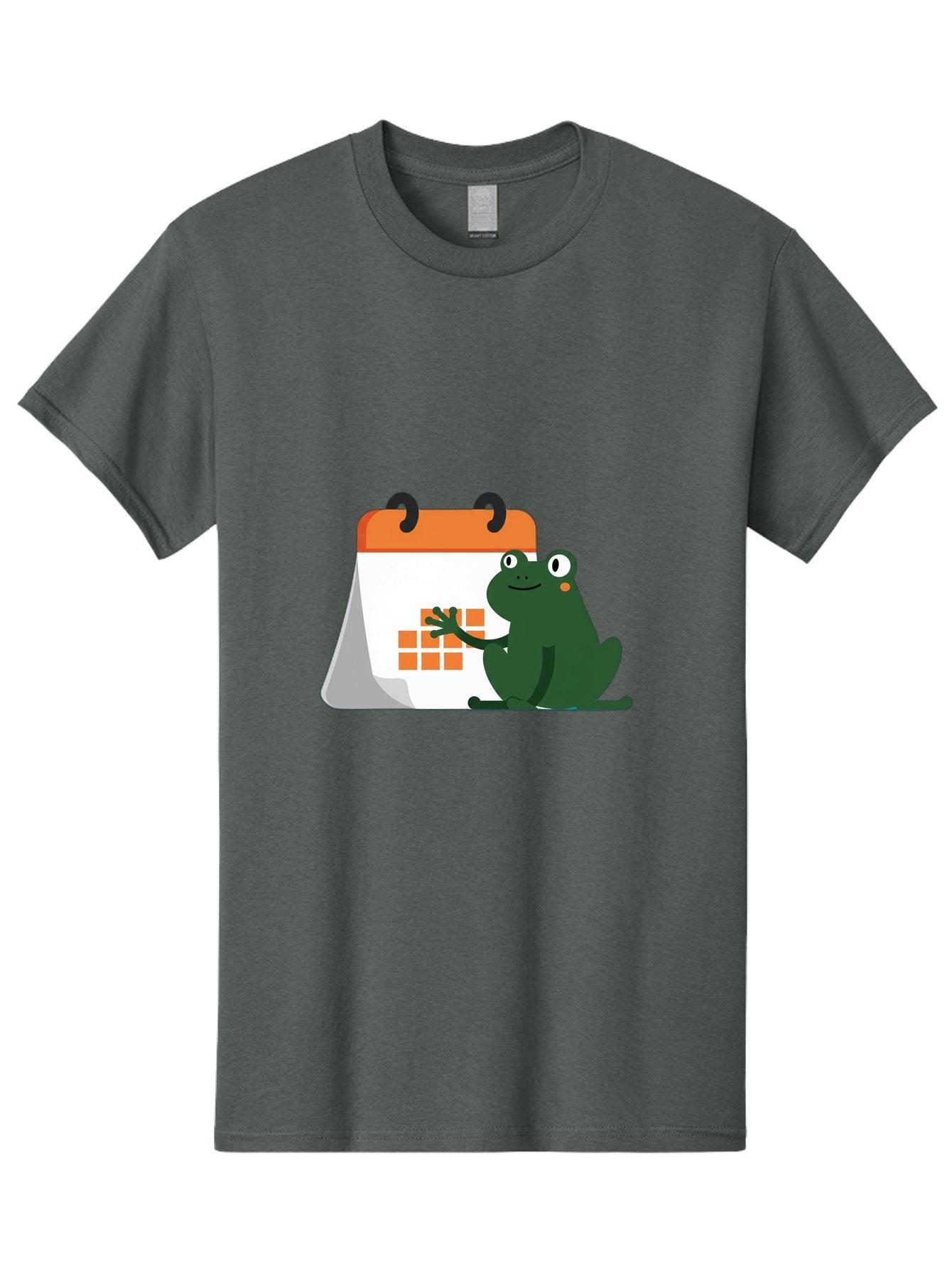 Frog-Calendar Men'S Graphic Tee, 100% Cotton, Comfortable Casual Summer Wear, Machine Washable, Green Cartoon Frog, Calendar Icon, Orange Grid, Scheduling, Planning, Organization, Task Management, Digital Calendar, To-Do List, Bab919 11
