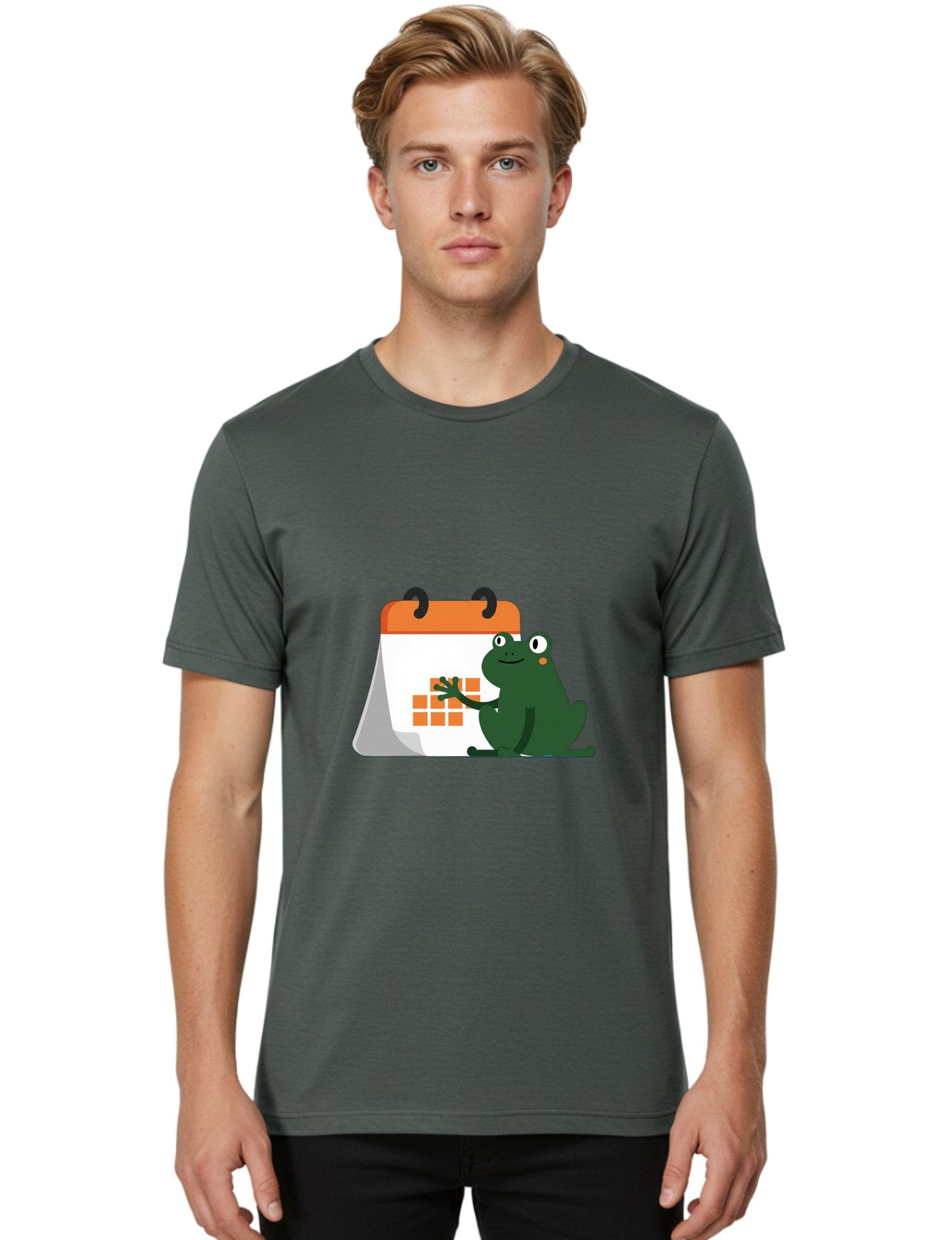 Frog-Calendar Men'S Graphic Tee, 100% Cotton, Comfortable Casual Summer Wear, Machine Washable, Green Cartoon Frog, Calendar Icon, Orange Grid, Scheduling, Planning, Organization, Task Management, Digital Calendar, To-Do List, Bab919 27