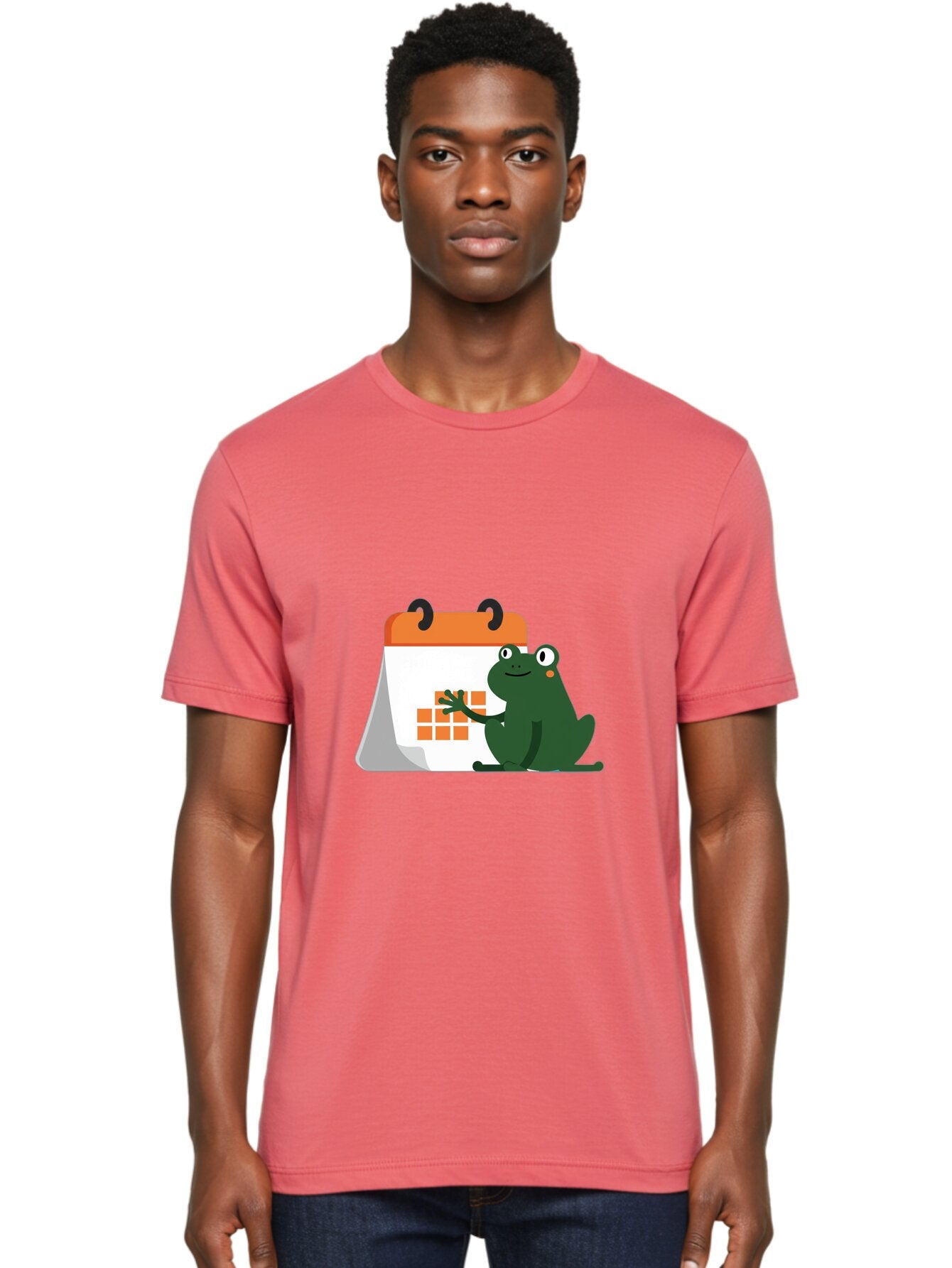Frog-Calendar Men'S Graphic Tee, 100% Cotton, Comfortable Casual Summer Wear, Machine Washable, Green Cartoon Frog, Calendar Icon, Orange Grid, Scheduling, Planning, Organization, Task Management, Digital Calendar, To-Do List, Bab919 28