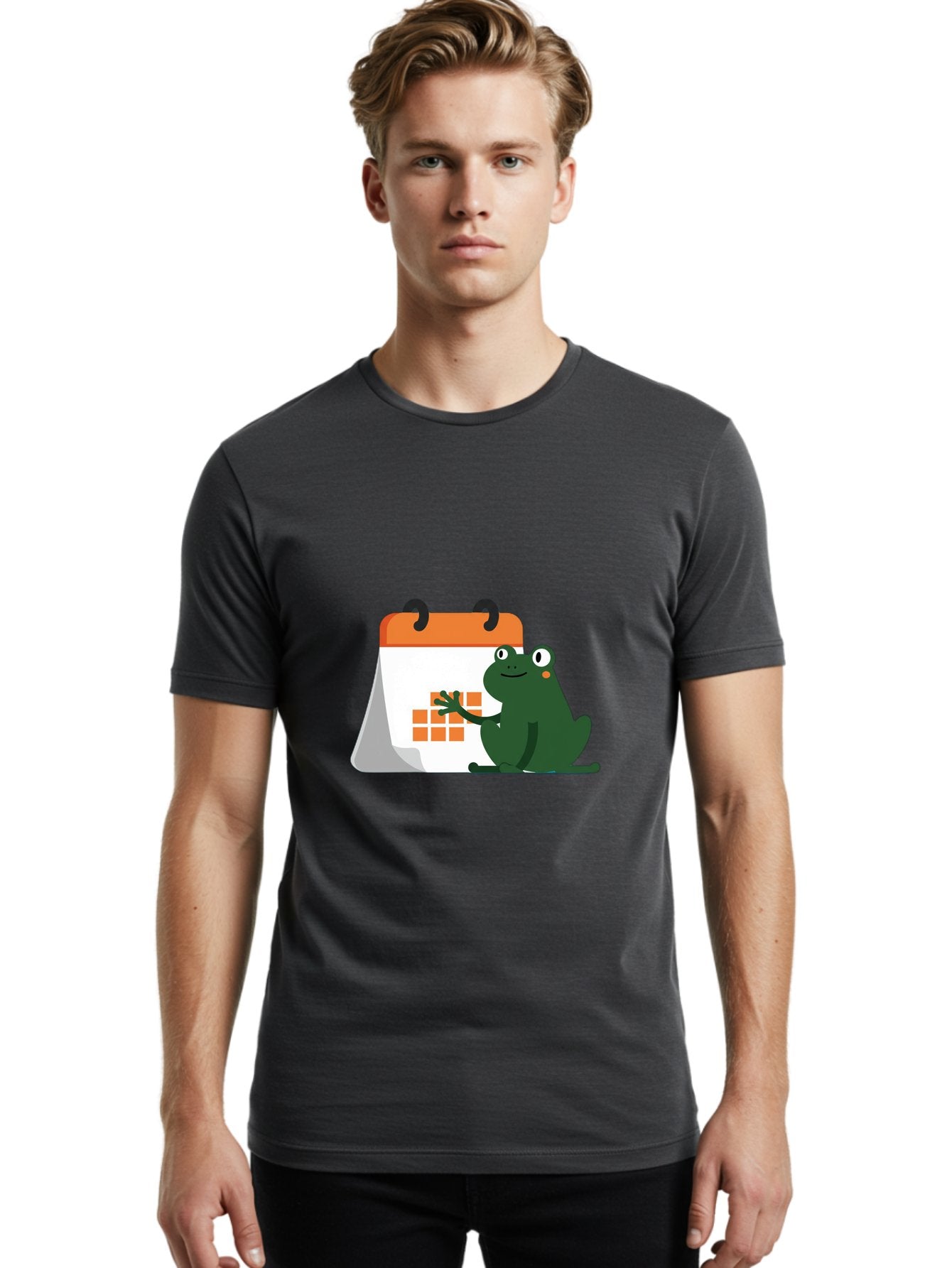 Frog-Calendar Men'S Graphic Tee, 100% Cotton, Comfortable Casual Summer Wear, Machine Washable, Green Cartoon Frog, Calendar Icon, Orange Grid, Scheduling, Planning, Organization, Task Management, Digital Calendar, To-Do List, Bab919 23