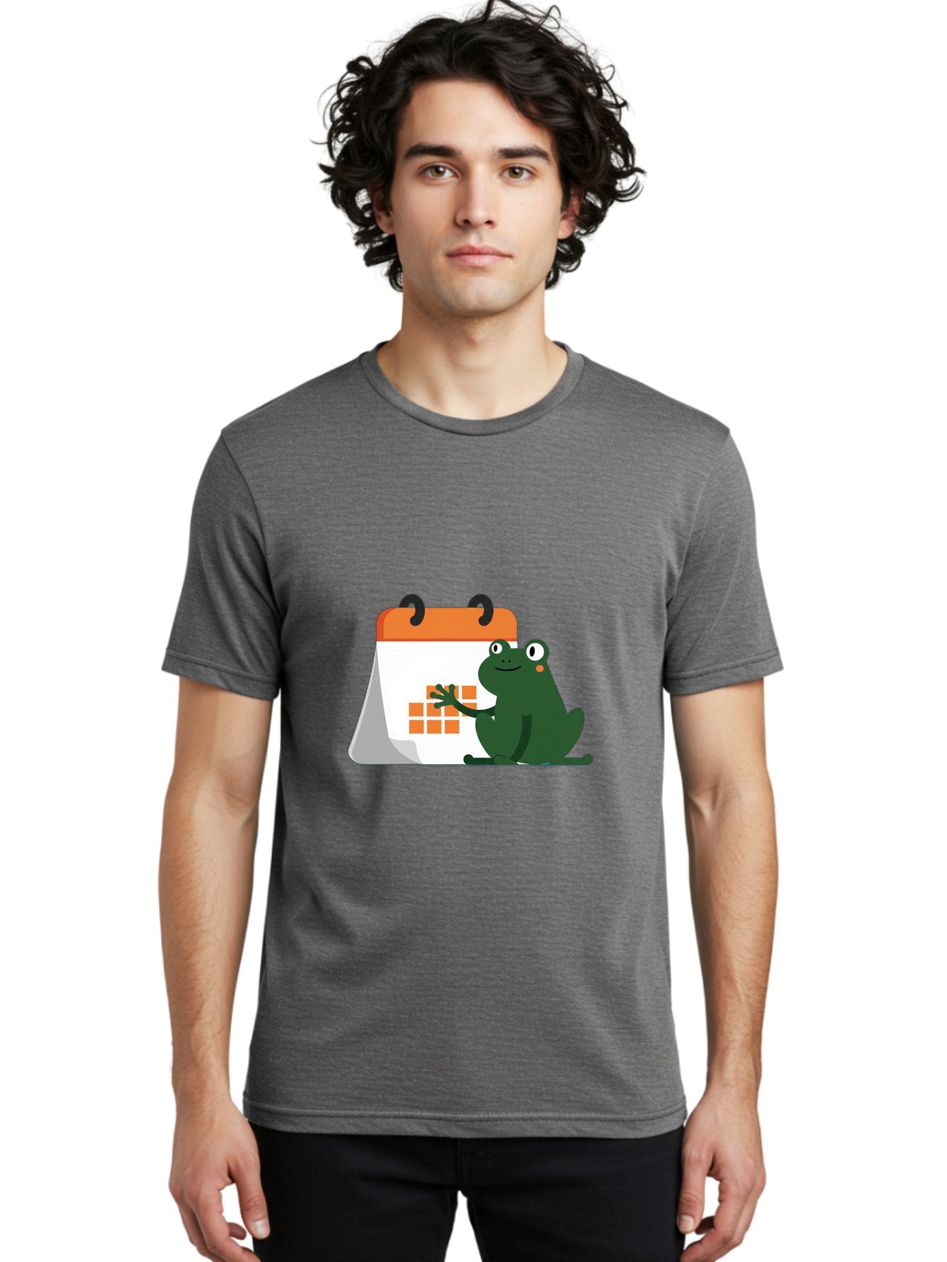 Frog-Calendar Men'S Graphic Tee, 100% Cotton, Comfortable Casual Summer Wear, Machine Washable, Green Cartoon Frog, Calendar Icon, Orange Grid, Scheduling, Planning, Organization, Task Management, Digital Calendar, To-Do List, Bab919 18