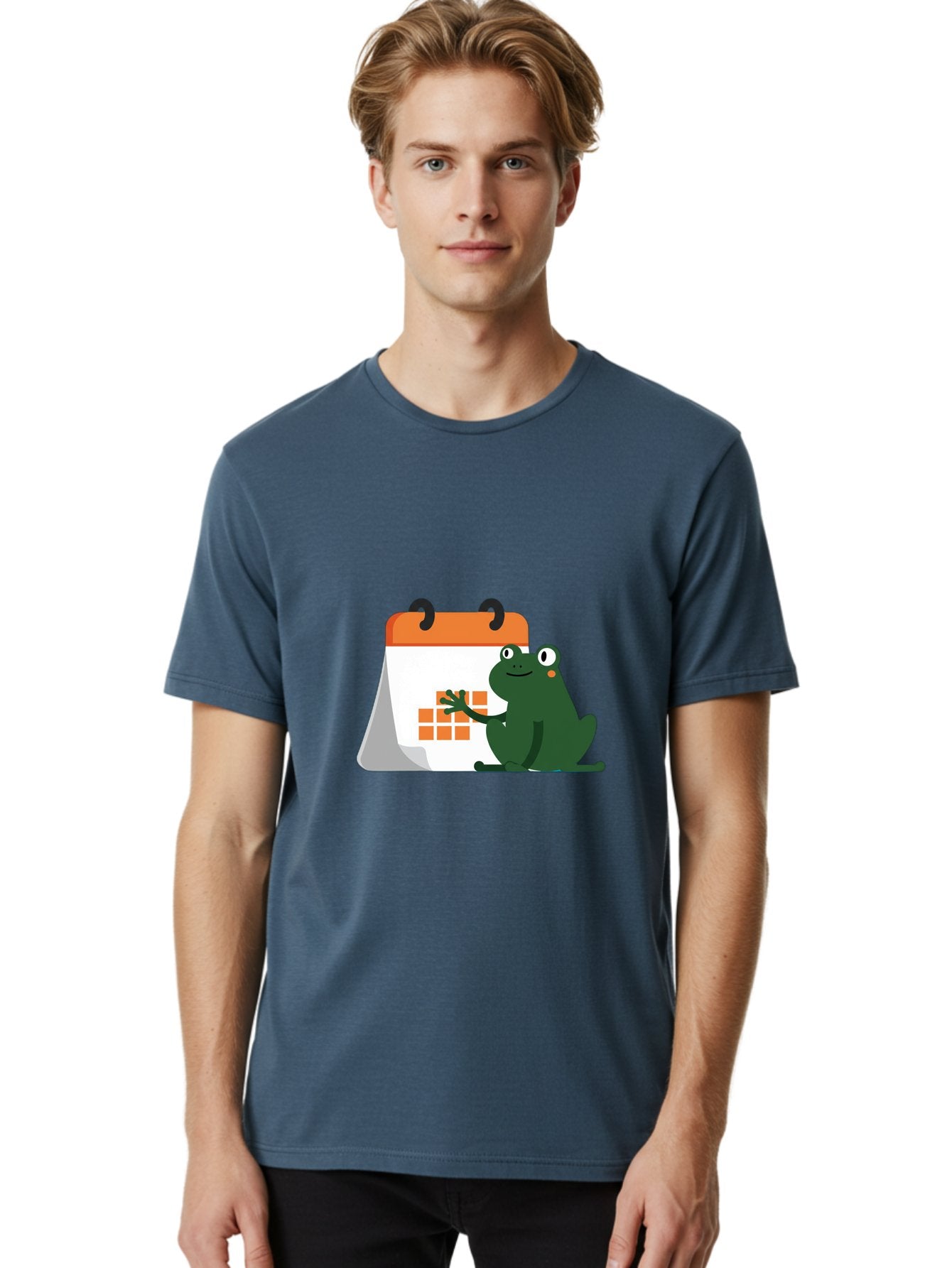 Frog-Calendar Men'S Graphic Tee, 100% Cotton, Comfortable Casual Summer Wear, Machine Washable, Green Cartoon Frog, Calendar Icon, Orange Grid, Scheduling, Planning, Organization, Task Management, Digital Calendar, To-Do List, Bab919 26