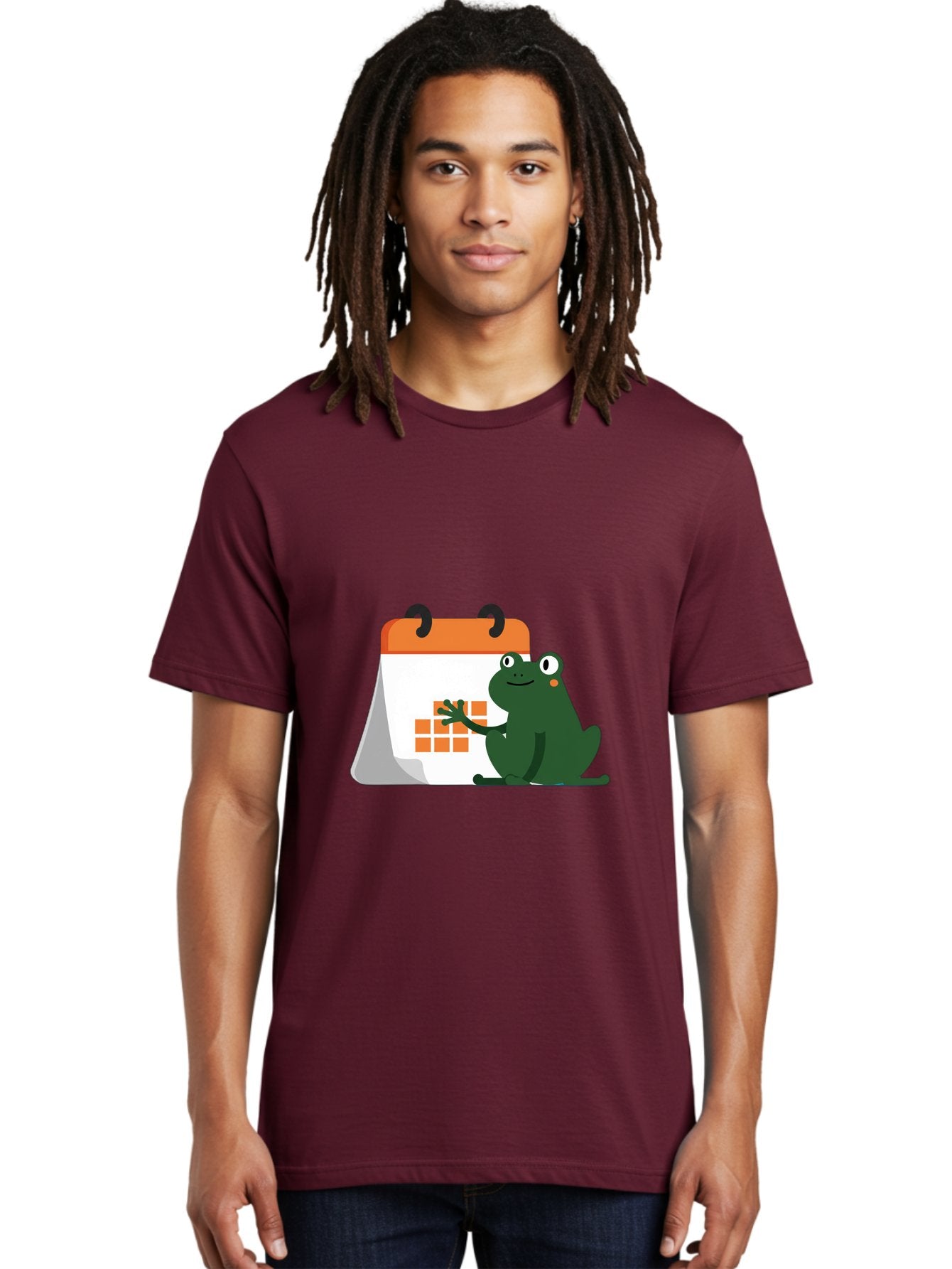 Frog-Calendar Men'S Graphic Tee, 100% Cotton, Comfortable Casual Summer Wear, Machine Washable, Green Cartoon Frog, Calendar Icon, Orange Grid, Scheduling, Planning, Organization, Task Management, Digital Calendar, To-Do List, Bab919 19
