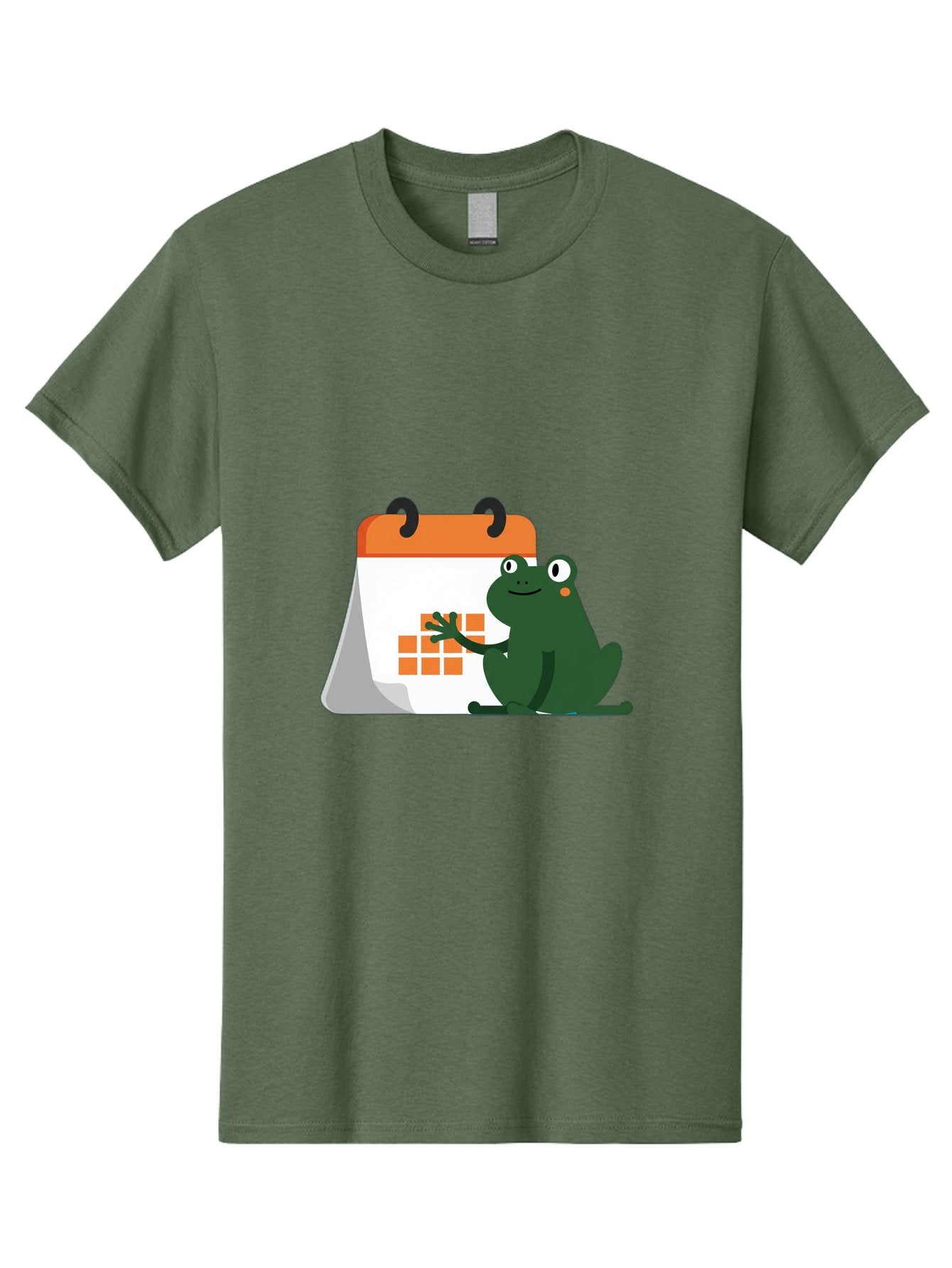Frog-Calendar Men'S Graphic Tee, 100% Cotton, Comfortable Casual Summer Wear, Machine Washable, Green Cartoon Frog, Calendar Icon, Orange Grid, Scheduling, Planning, Organization, Task Management, Digital Calendar, To-Do List, Bab919