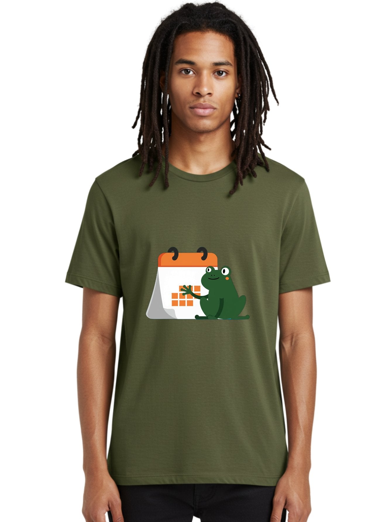 Frog-Calendar Men'S Graphic Tee, 100% Cotton, Comfortable Casual Summer Wear, Machine Washable, Green Cartoon Frog, Calendar Icon, Orange Grid, Scheduling, Planning, Organization, Task Management, Digital Calendar, To-Do List, Bab919 21