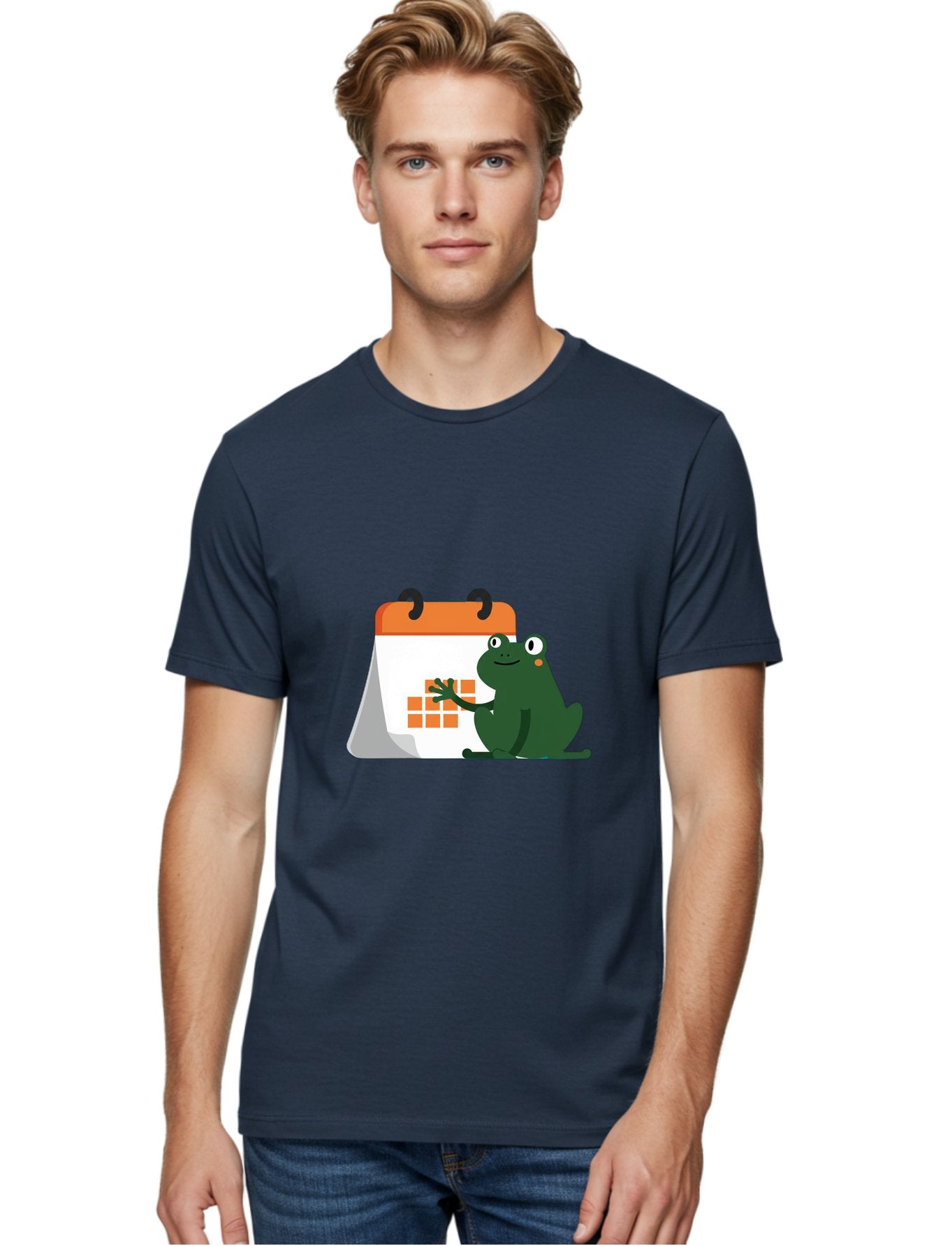 Frog-Calendar Men'S Graphic Tee, 100% Cotton, Comfortable Casual Summer Wear, Machine Washable, Green Cartoon Frog, Calendar Icon, Orange Grid, Scheduling, Planning, Organization, Task Management, Digital Calendar, To-Do List, Bab919 29