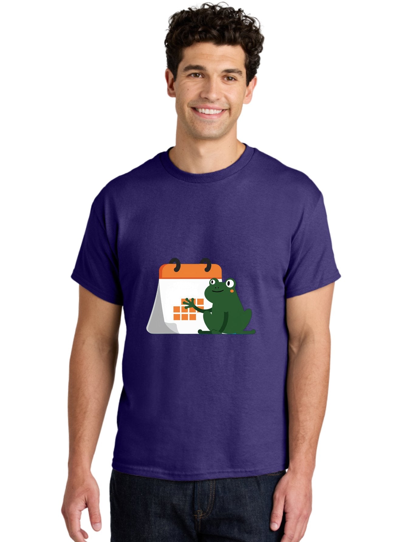 Frog-Calendar Men'S Graphic Tee, 100% Cotton, Comfortable Casual Summer Wear, Machine Washable, Green Cartoon Frog, Calendar Icon, Orange Grid, Scheduling, Planning, Organization, Task Management, Digital Calendar, To-Do List, Bab919 25