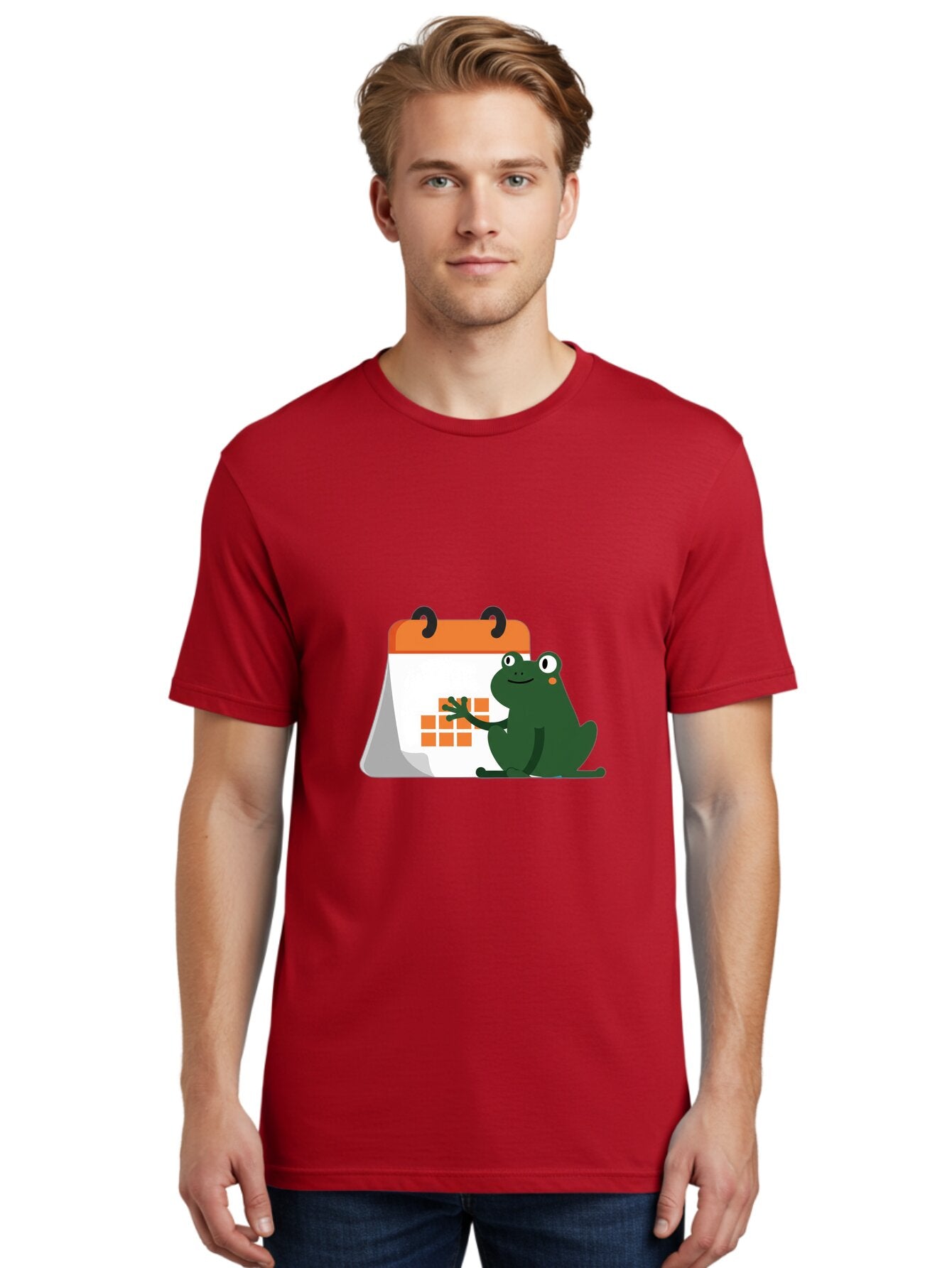 Frog-Calendar Men'S Graphic Tee, 100% Cotton, Comfortable Casual Summer Wear, Machine Washable, Green Cartoon Frog, Calendar Icon, Orange Grid, Scheduling, Planning, Organization, Task Management, Digital Calendar, To-Do List, Bab919 17