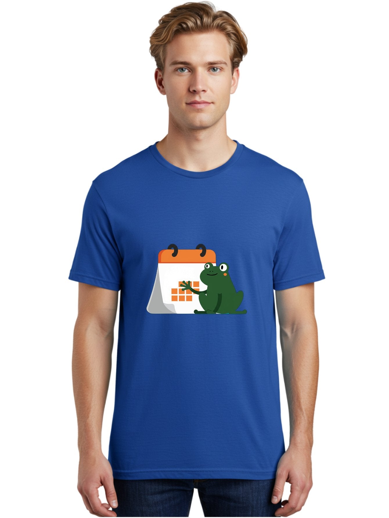 Frog-Calendar Men'S Graphic Tee, 100% Cotton, Comfortable Casual Summer Wear, Machine Washable, Green Cartoon Frog, Calendar Icon, Orange Grid, Scheduling, Planning, Organization, Task Management, Digital Calendar, To-Do List, Bab919 30
