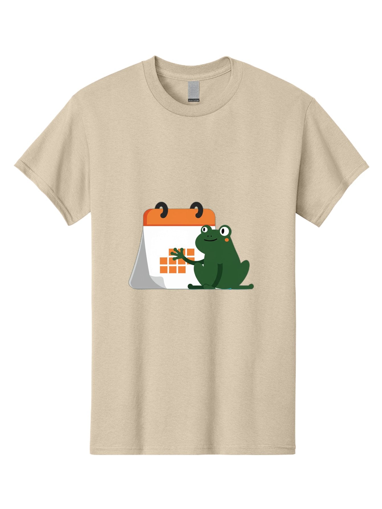Frog-Calendar Men'S Graphic Tee, 100% Cotton, Comfortable Casual Summer Wear, Machine Washable, Green Cartoon Frog, Calendar Icon, Orange Grid, Scheduling, Planning, Organization, Task Management, Digital Calendar, To-Do List, Bab919 7