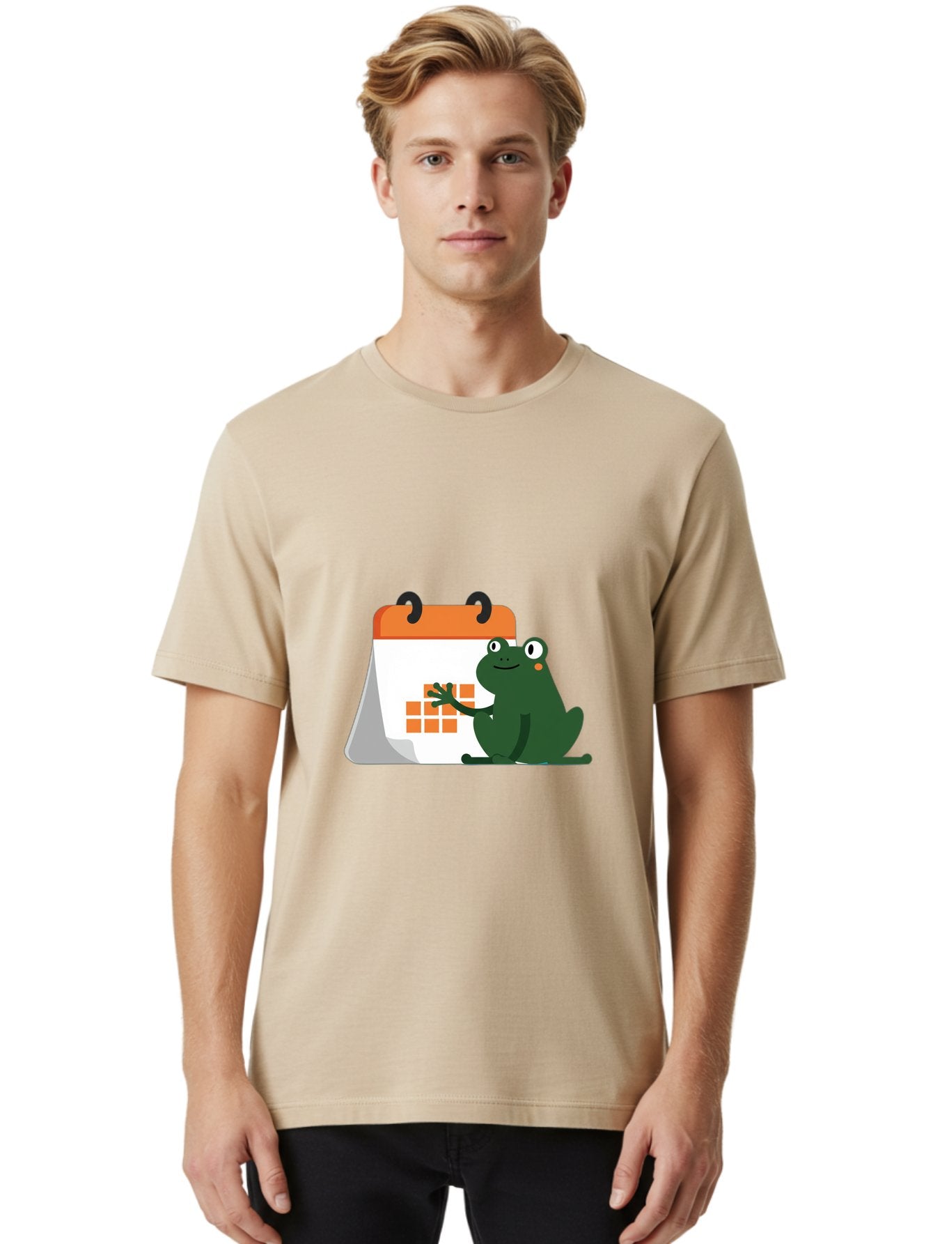 Frog-Calendar Men'S Graphic Tee, 100% Cotton, Comfortable Casual Summer Wear, Machine Washable, Green Cartoon Frog, Calendar Icon, Orange Grid, Scheduling, Planning, Organization, Task Management, Digital Calendar, To-Do List, Bab919 16