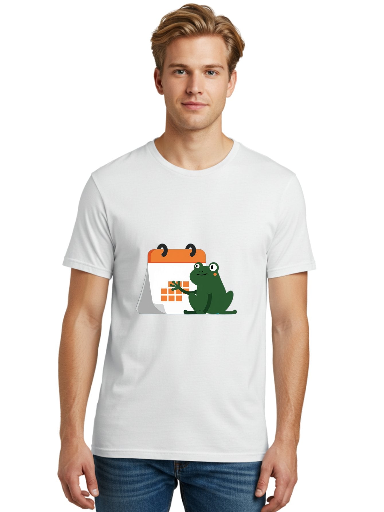 Frog-Calendar Men'S Graphic Tee, 100% Cotton, Comfortable Casual Summer Wear, Machine Washable, Green Cartoon Frog, Calendar Icon, Orange Grid, Scheduling, Planning, Organization, Task Management, Digital Calendar, To-Do List, Bab919 24