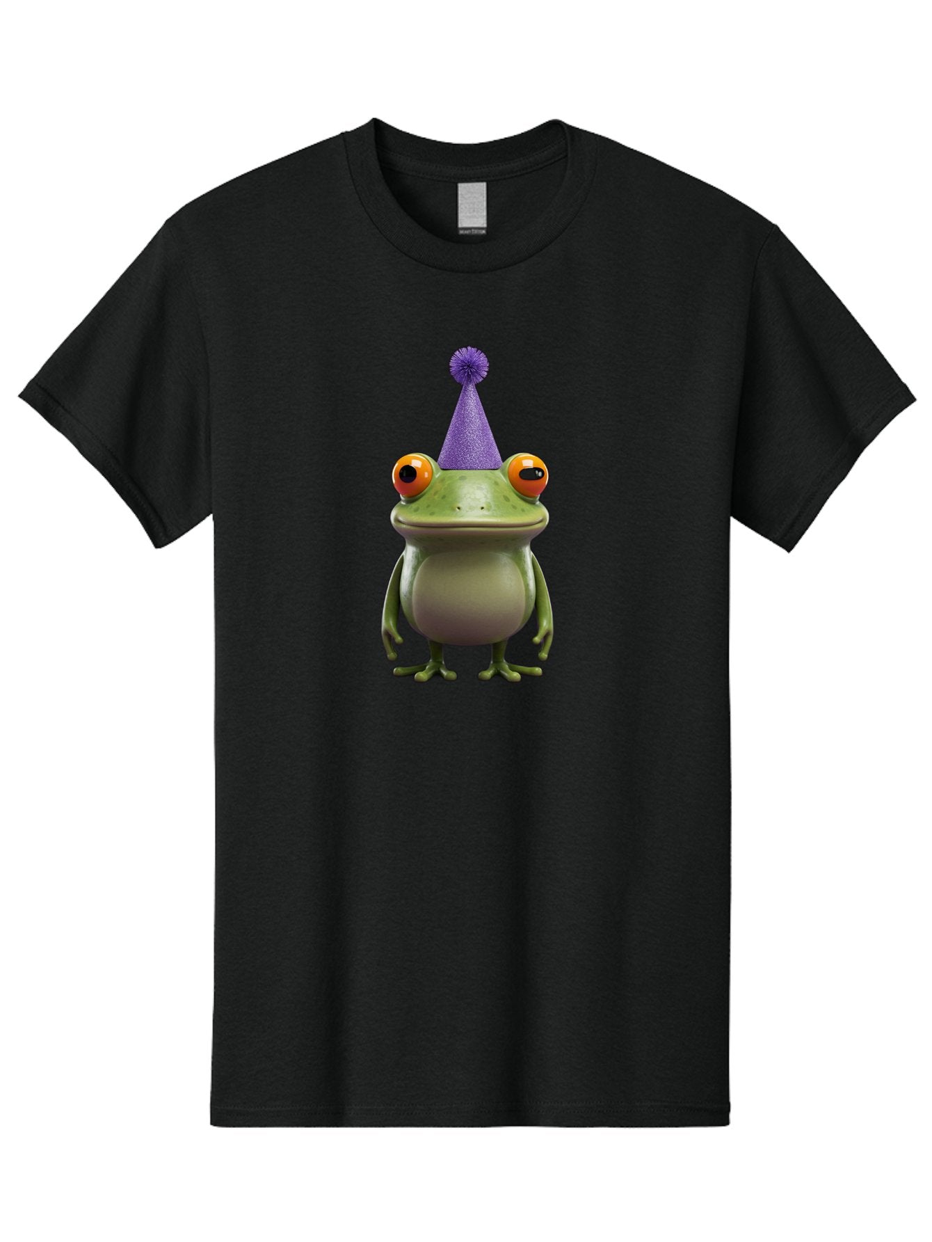 Frog-In-Party-Hat-1 Men'S Graphic Tee, 100% Cotton, Comfortable Casual Summer Wear, Machine Washable, Funny Cartoon Frog, Party Hat, Celebration, Purple Hat, Orange Eyes, Playful Character, Cute Amphibian, Festive Mood, Humorous Illustration Bab921 8