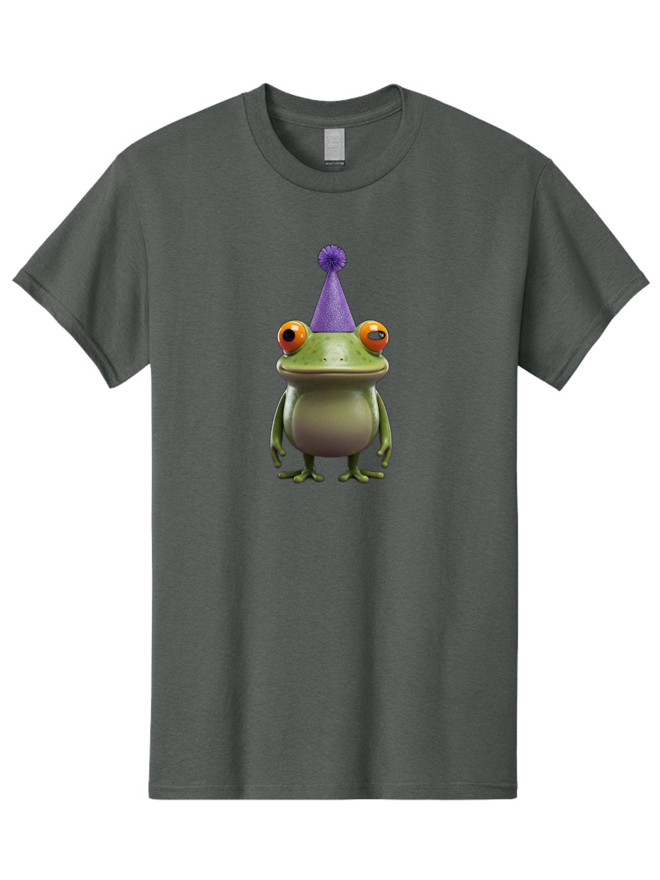 Frog-In-Party-Hat-1 Men'S Graphic Tee, 100% Cotton, Comfortable Casual Summer Wear, Machine Washable, Funny Cartoon Frog, Party Hat, Celebration, Purple Hat, Orange Eyes, Playful Character, Cute Amphibian, Festive Mood, Humorous Illustration Bab921 4