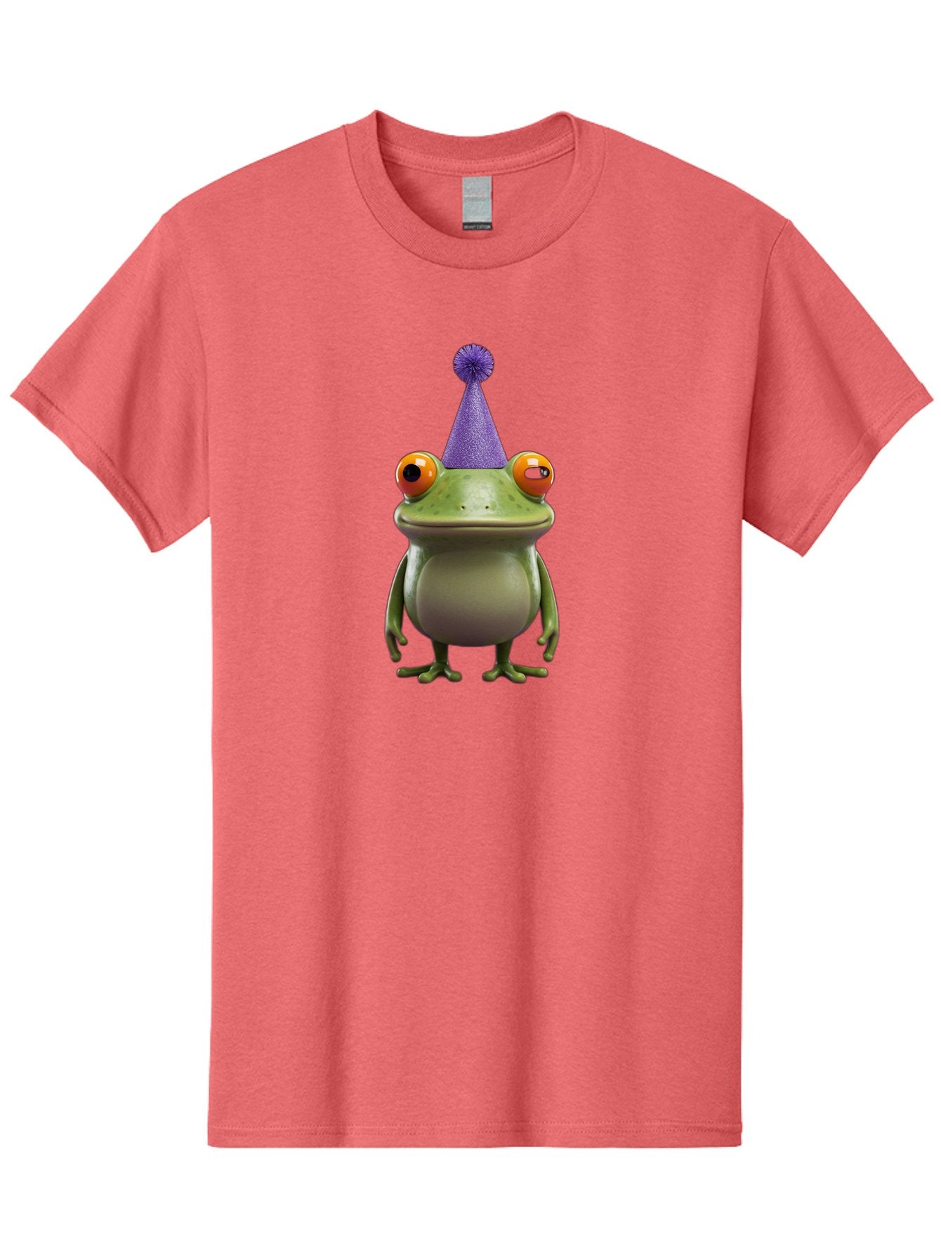 Frog-In-Party-Hat-1 Men'S Graphic Tee, 100% Cotton, Comfortable Casual Summer Wear, Machine Washable, Funny Cartoon Frog, Party Hat, Celebration, Purple Hat, Orange Eyes, Playful Character, Cute Amphibian, Festive Mood, Humorous Illustration Bab921 10