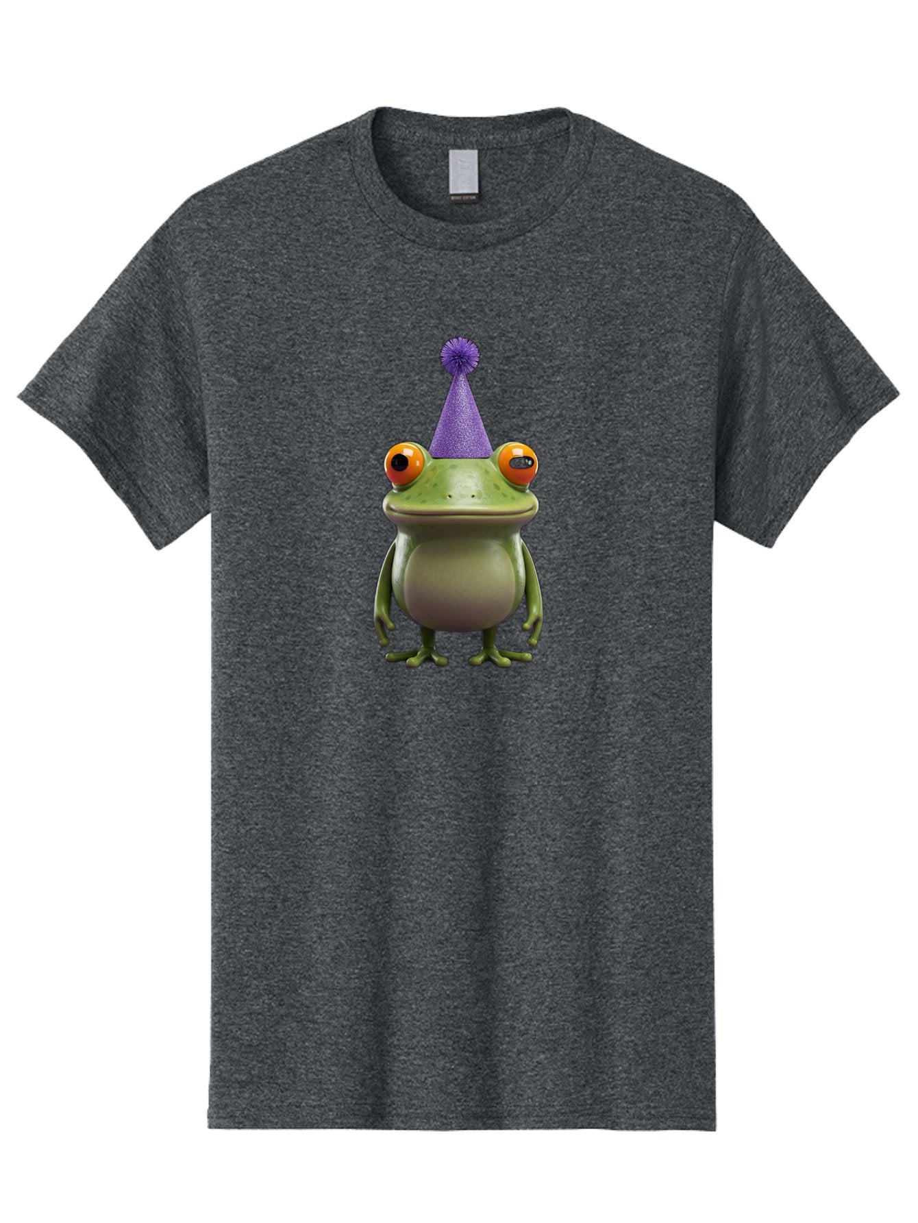 Frog-In-Party-Hat-1 Men'S Graphic Tee, 100% Cotton, Comfortable Casual Summer Wear, Machine Washable, Funny Cartoon Frog, Party Hat, Celebration, Purple Hat, Orange Eyes, Playful Character, Cute Amphibian, Festive Mood, Humorous Illustration Bab921 6